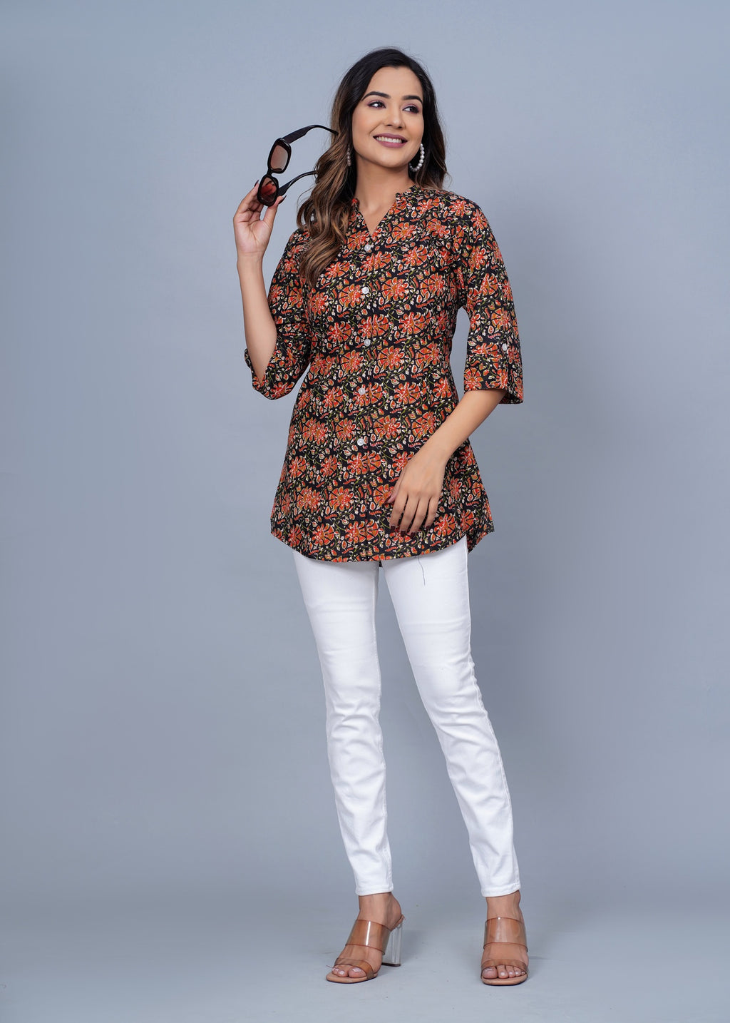 Black Floral Printed Cotton Kurti