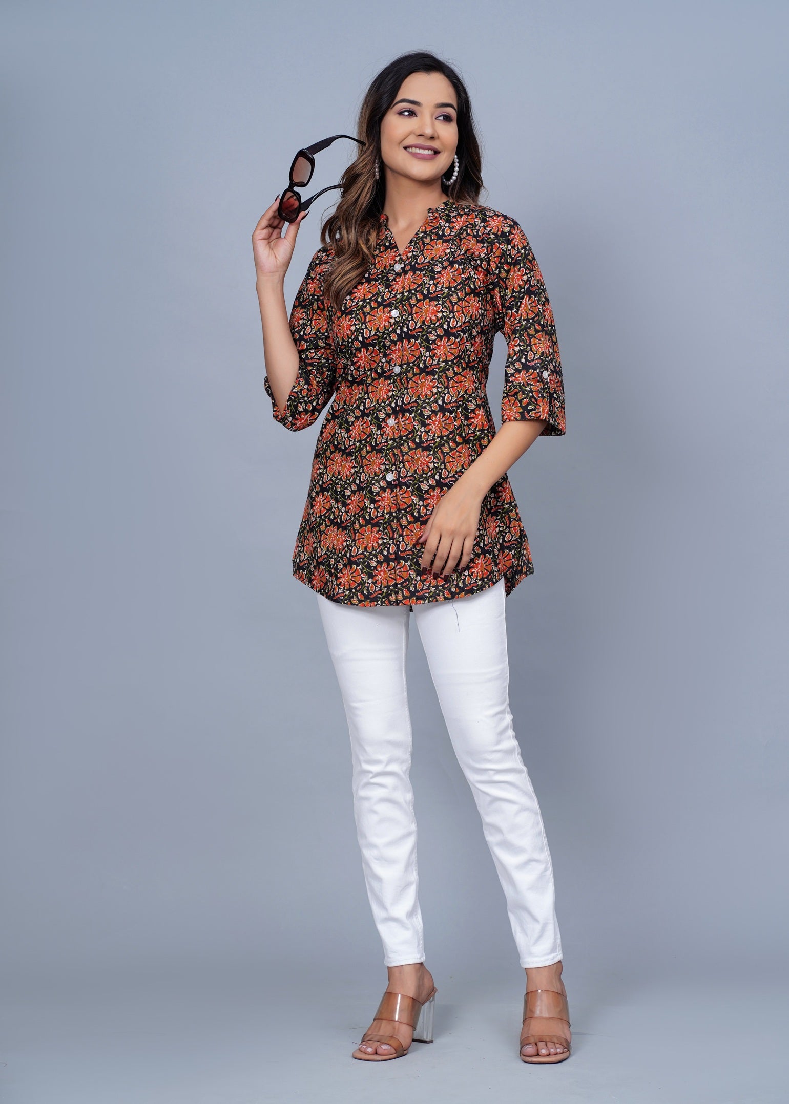 Black Floral Printed Cotton Kurti