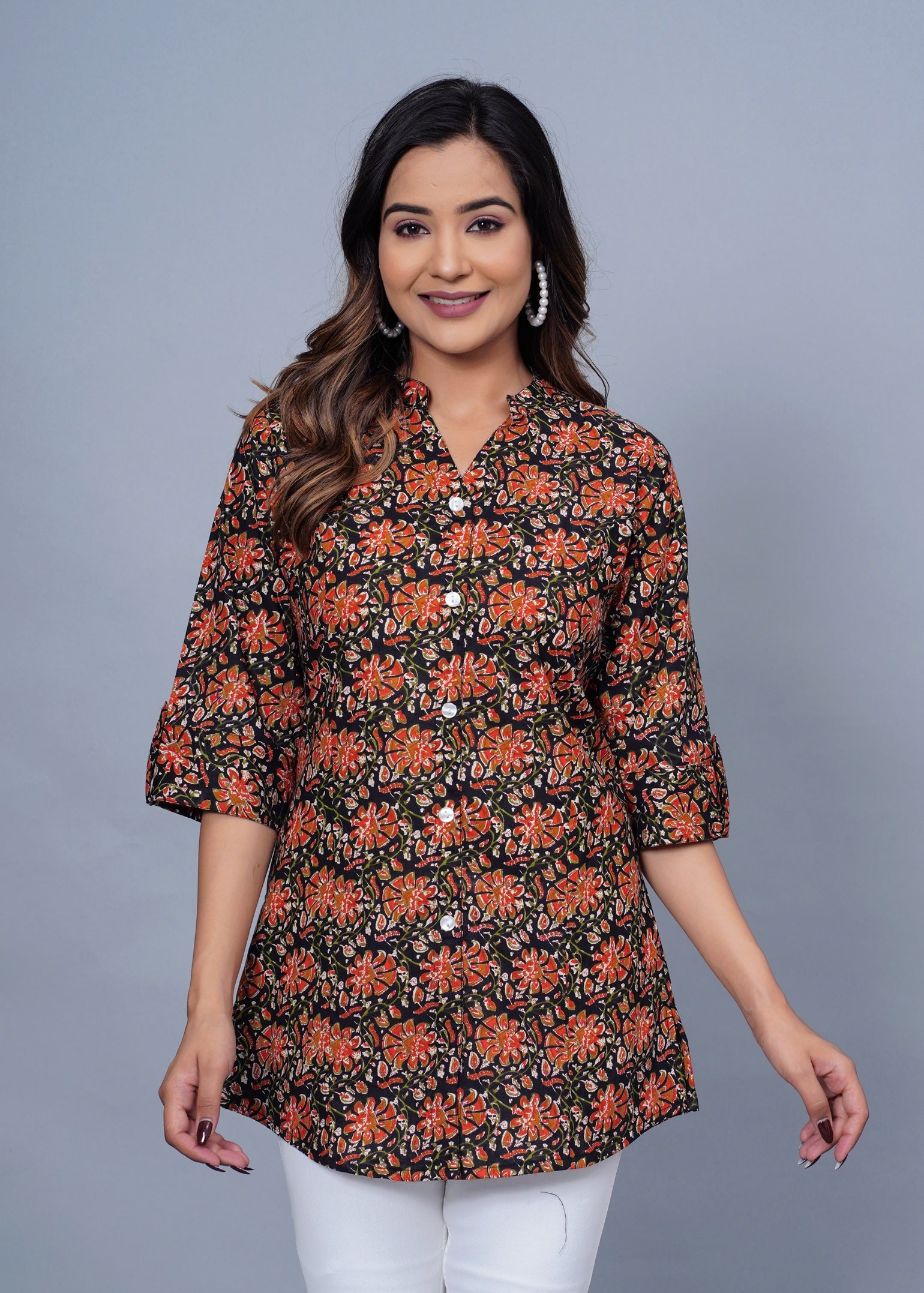 Black Floral Printed Cotton Kurti