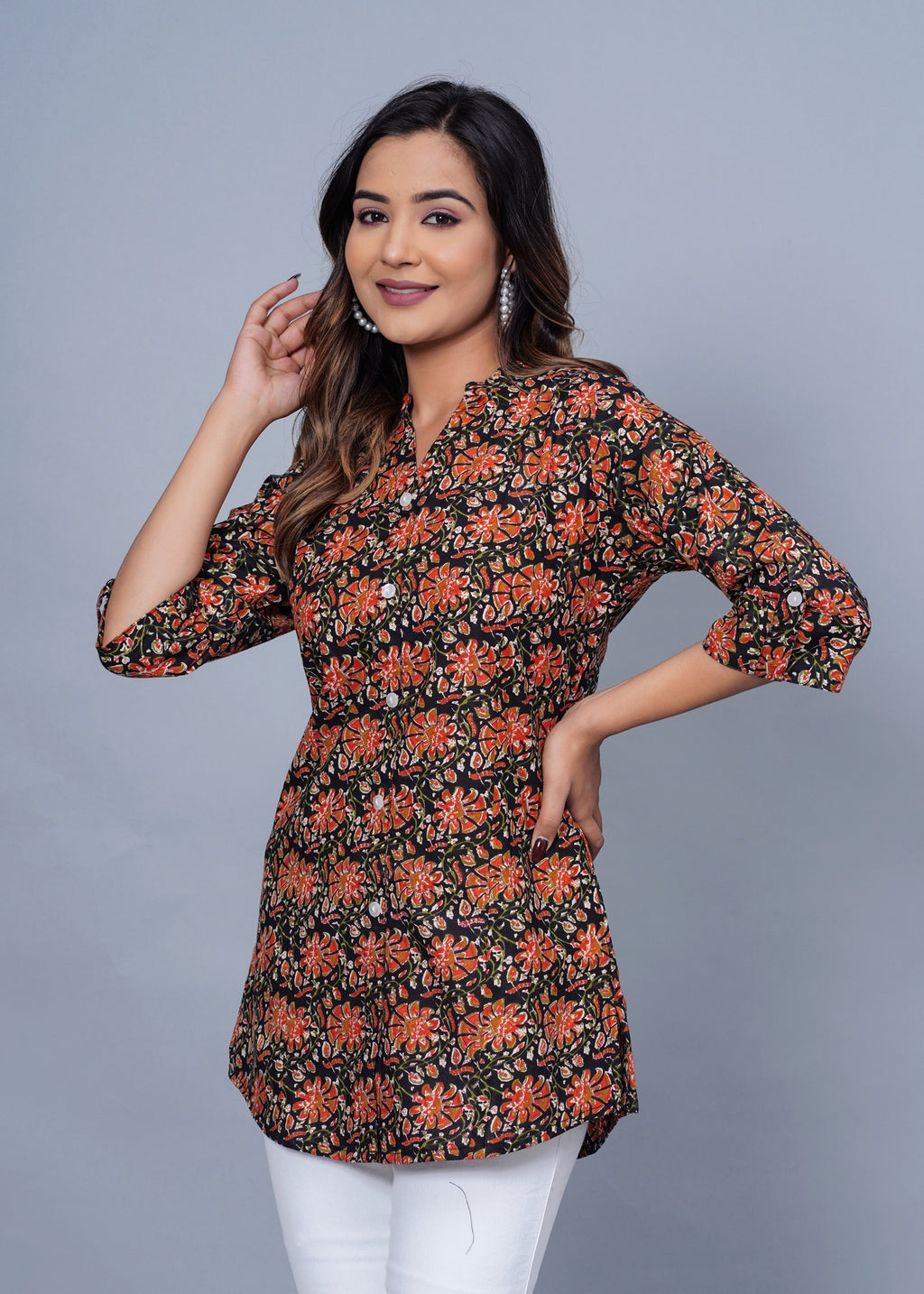Black Floral Printed Cotton Kurti