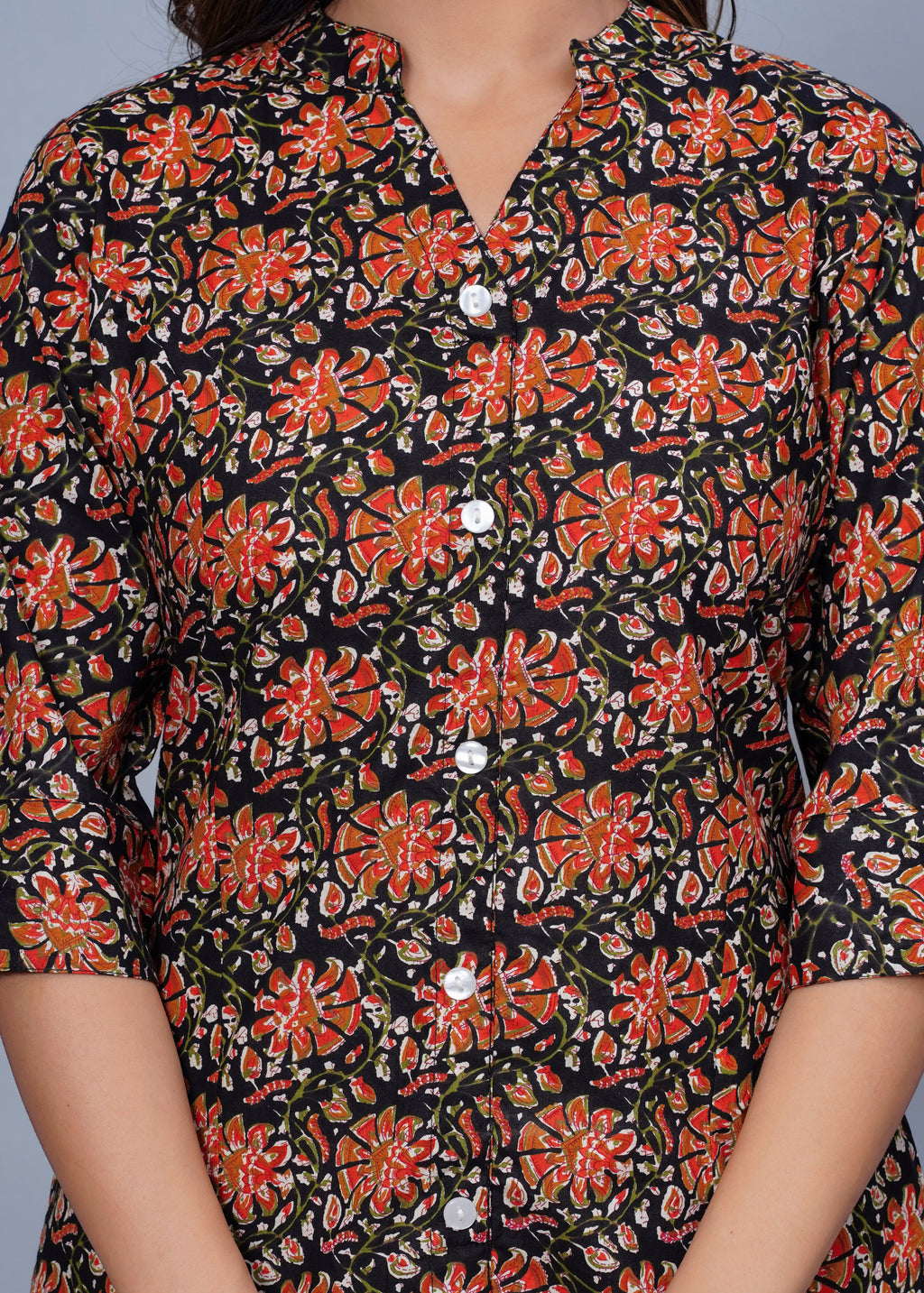 Black Floral Printed Cotton Kurti