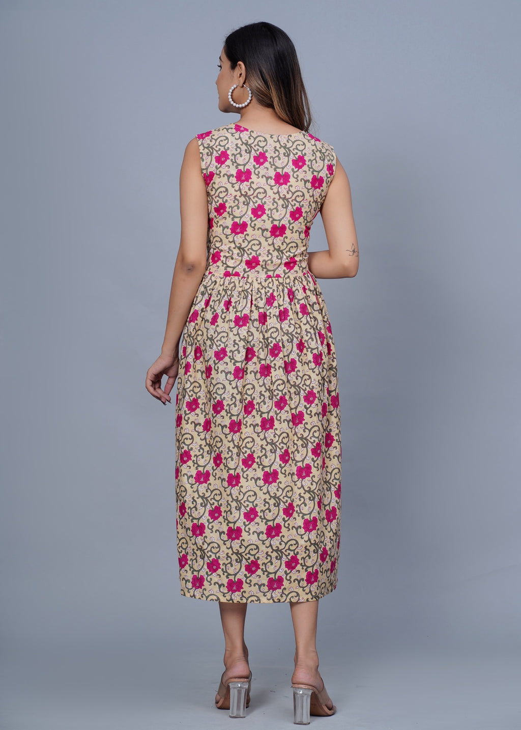 Beige &amp; Pink Floral Printed Sleeveless Fit & Flare Midi Dress