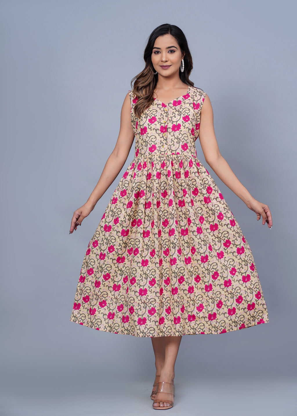 Beige &amp; Pink Floral Printed Sleeveless Fit & Flare Midi Dress