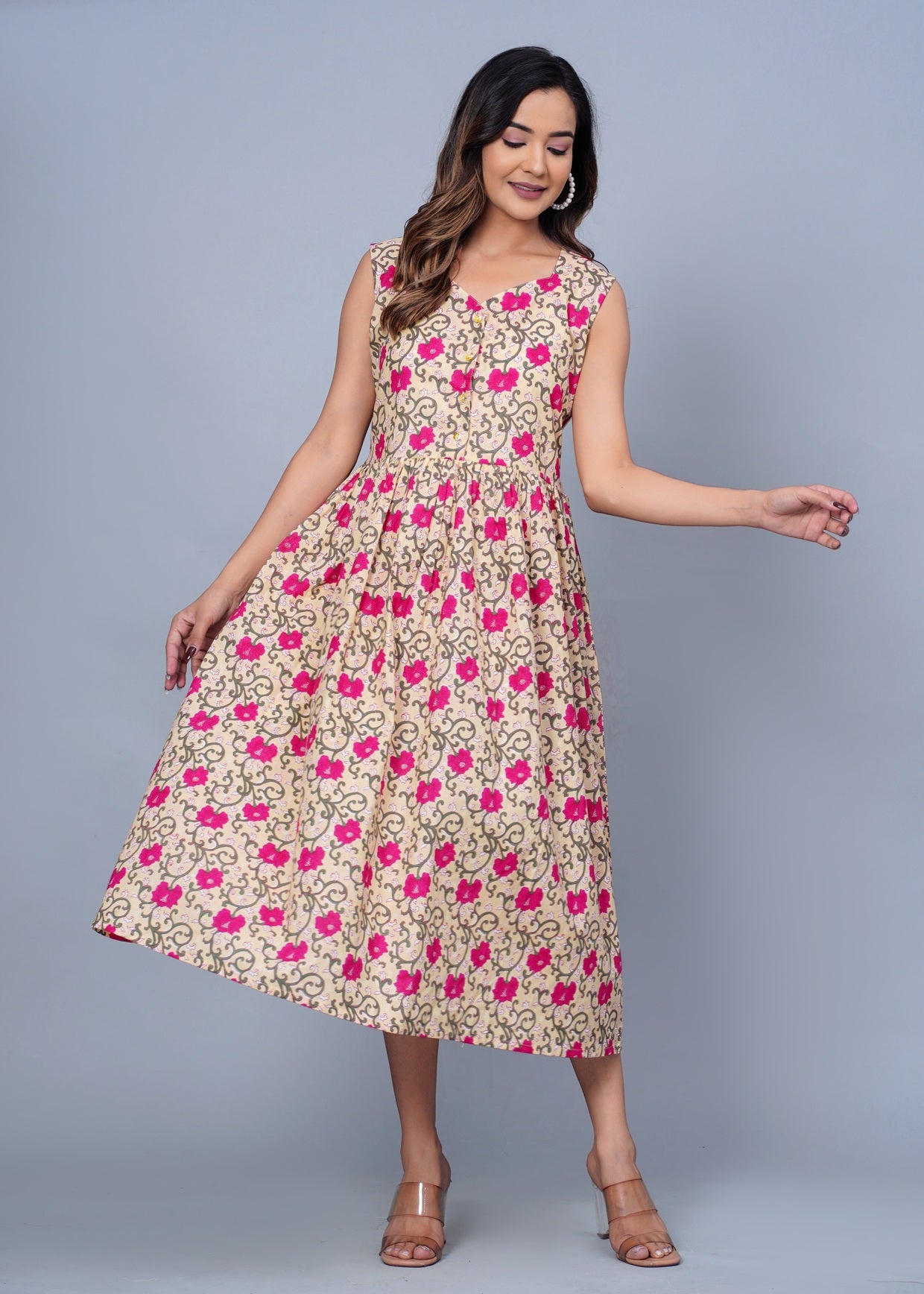 Beige &amp; Pink Floral Printed Sleeveless Fit & Flare Midi Dress