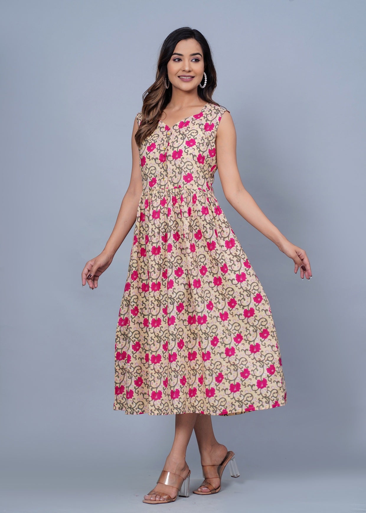Beige &amp; Pink Floral Printed Sleeveless Fit & Flare Midi Dress