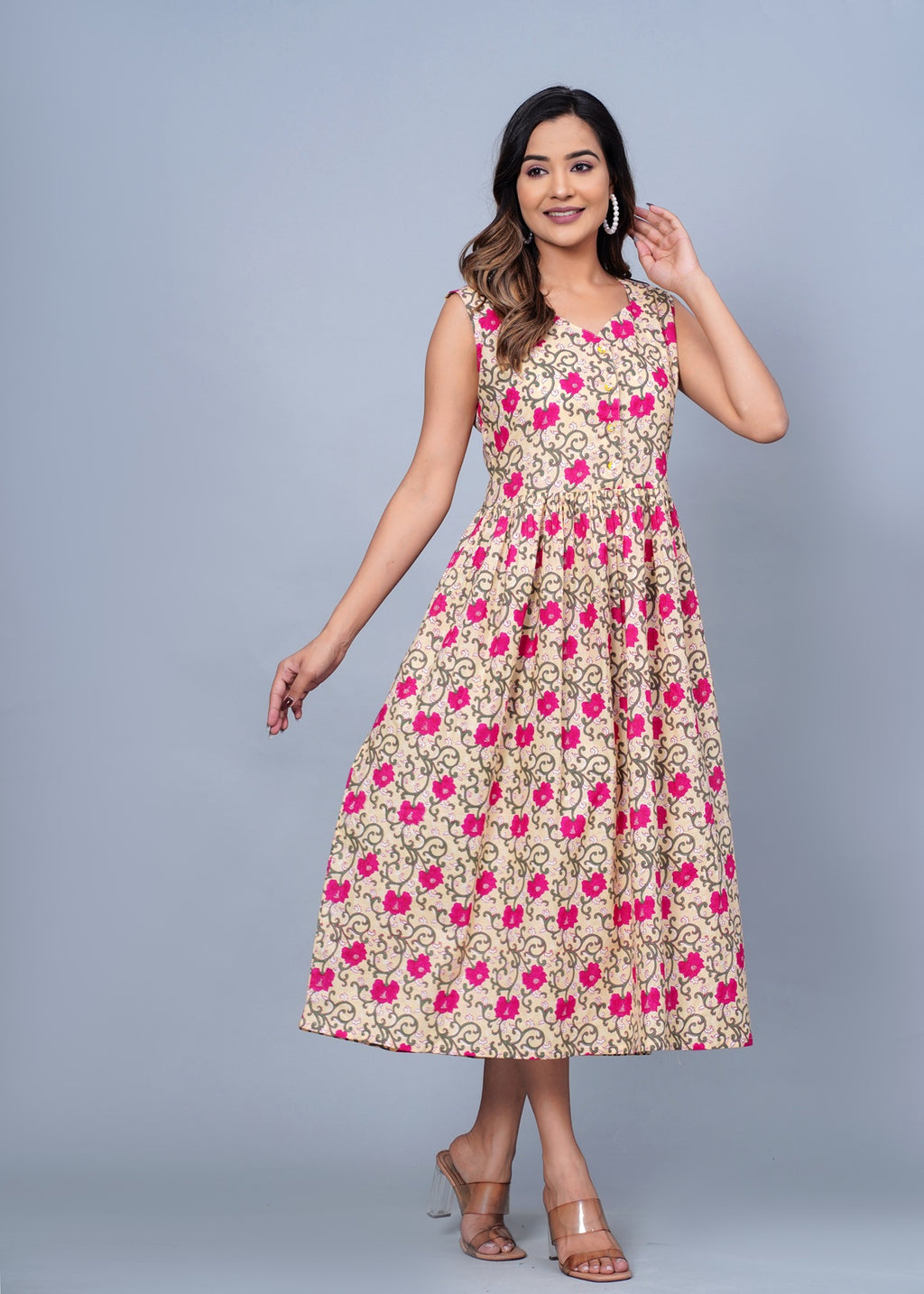 Beige &amp; Pink Floral Printed Sleeveless Fit & Flare Midi Dress