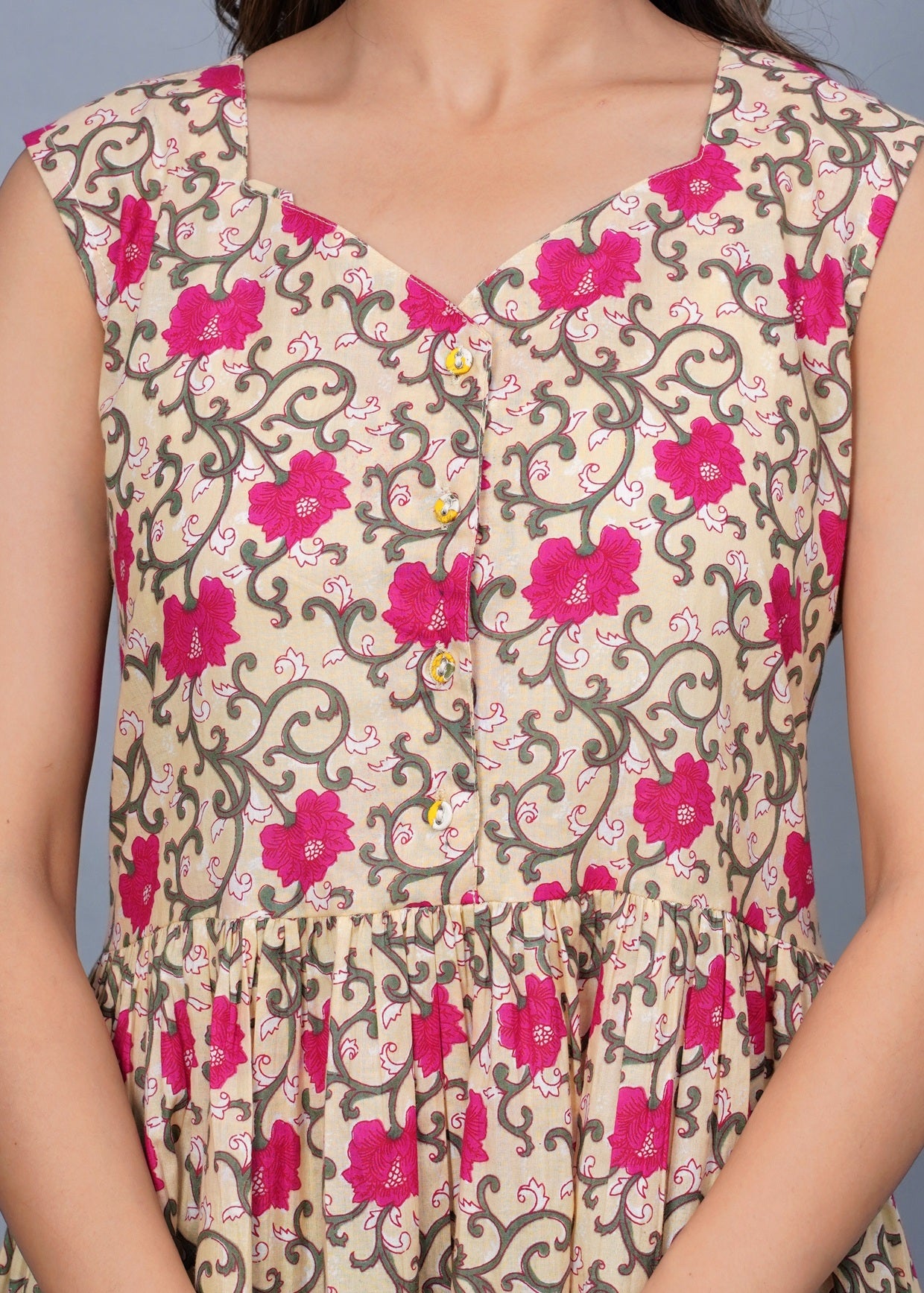 Beige &amp; Pink Floral Printed Sleeveless Fit & Flare Midi Dress