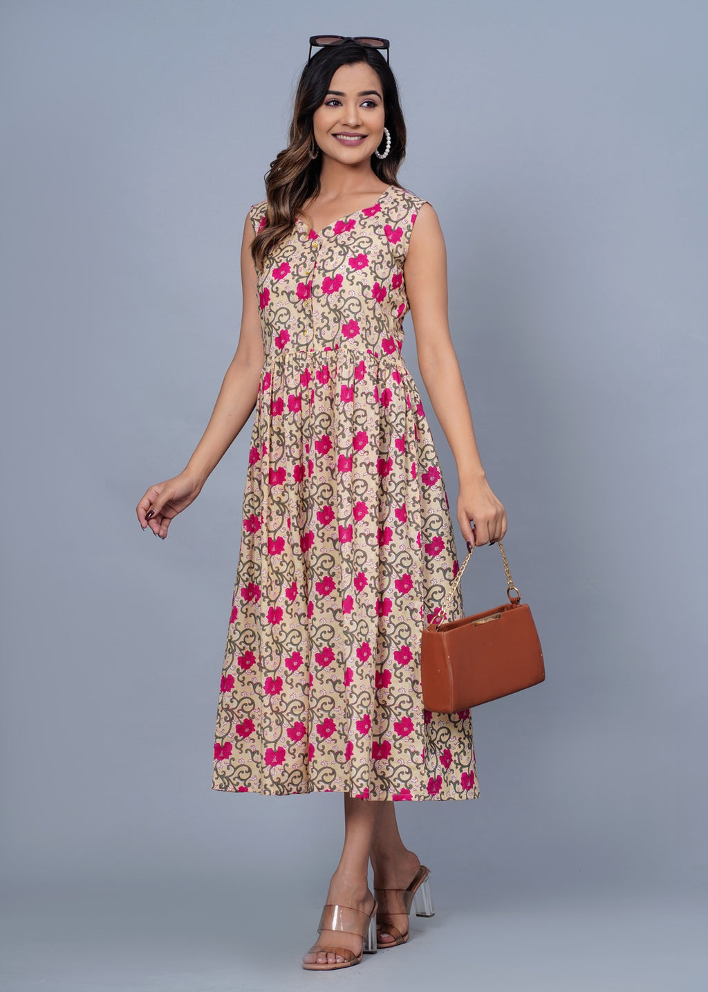Beige &amp; Pink Floral Printed Sleeveless Fit & Flare Midi Dress