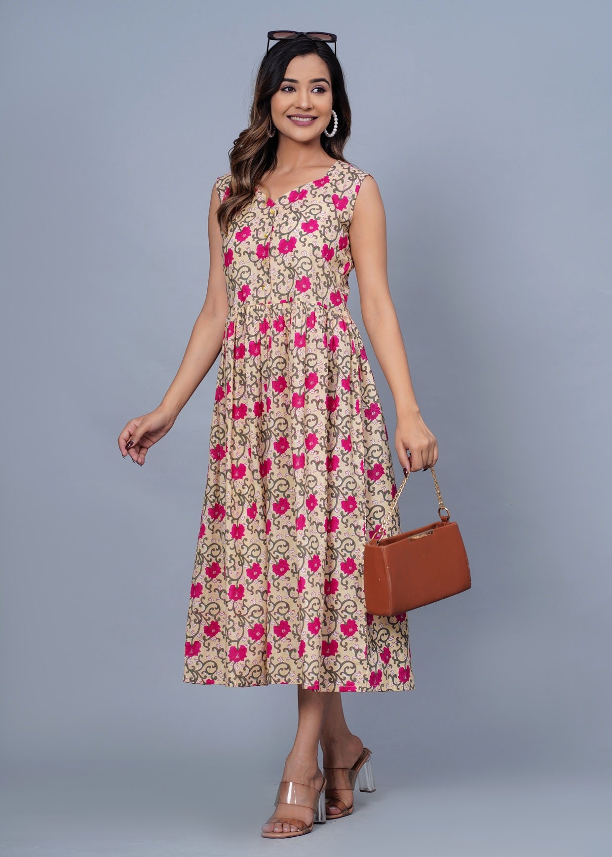 Beige &amp; Pink Floral Printed Sleeveless Fit & Flare Midi Dress