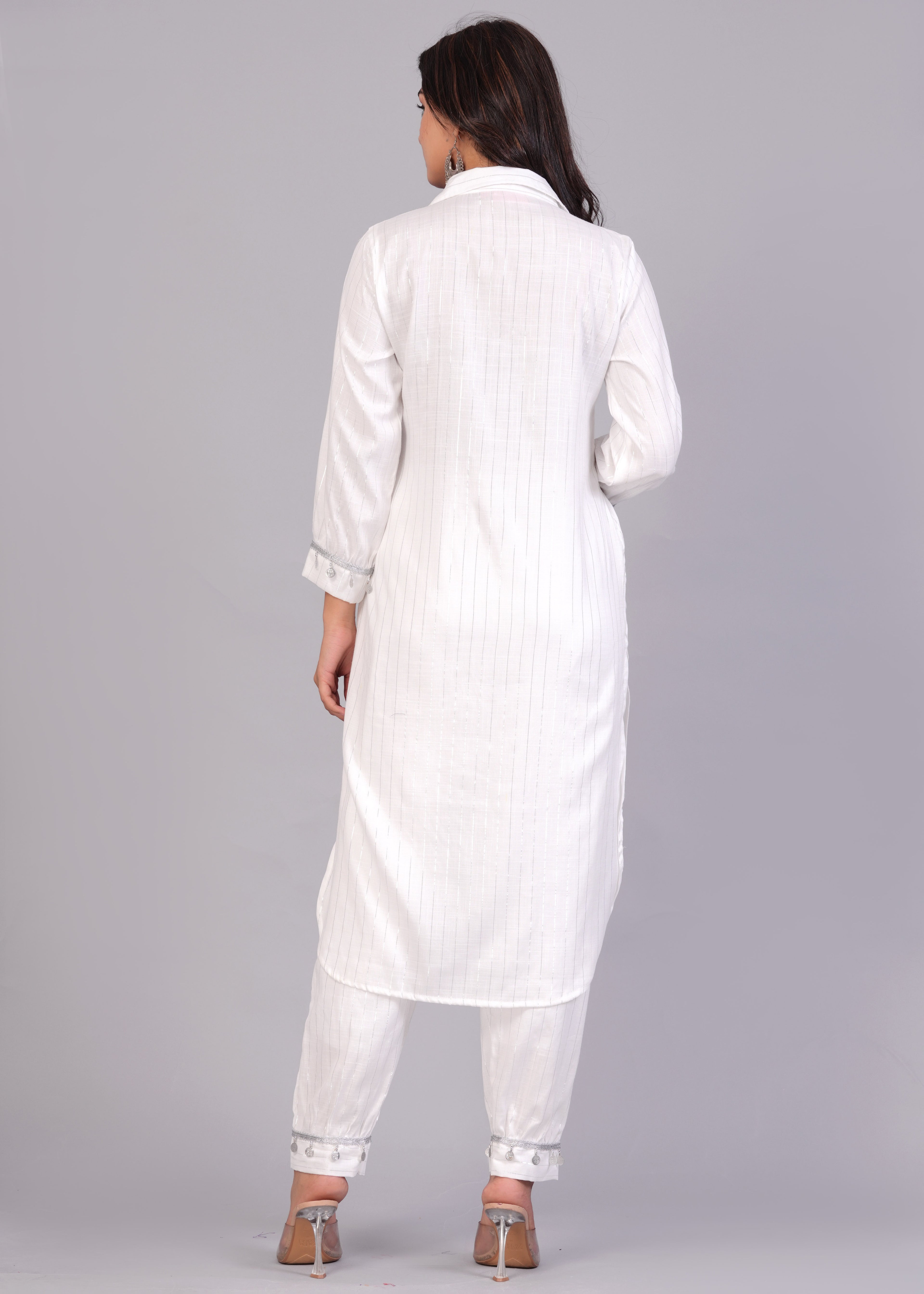 White Two-Tone Rayon Mirror Work Pathani Suit Set