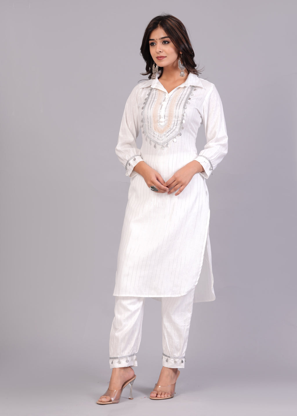 White Two-Tone Rayon Mirror Work Pathani Suit Set