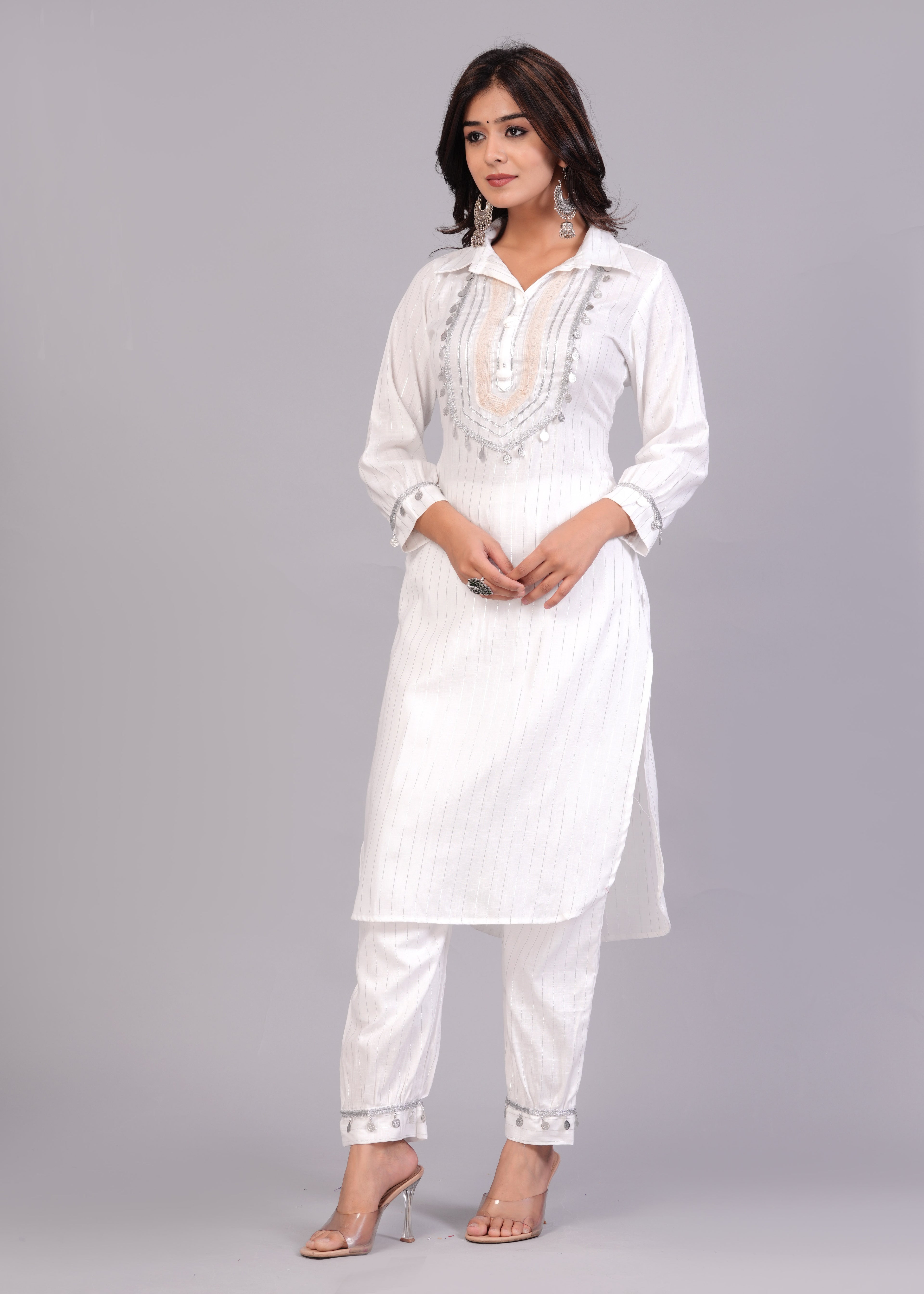 White Two-Tone Rayon Mirror Work Pathani Suit Set