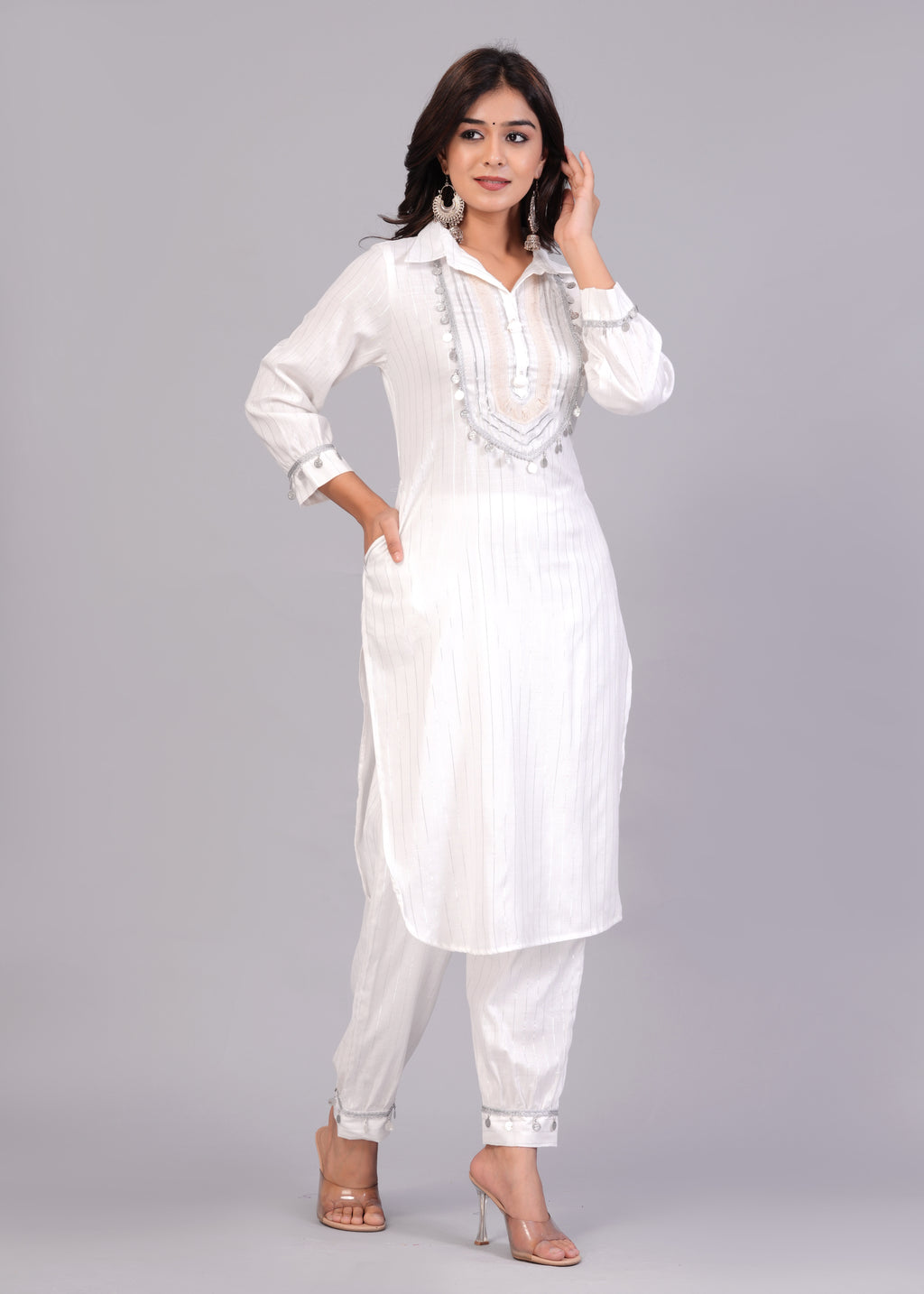 White Two-Tone Rayon Mirror Work Pathani Suit Set