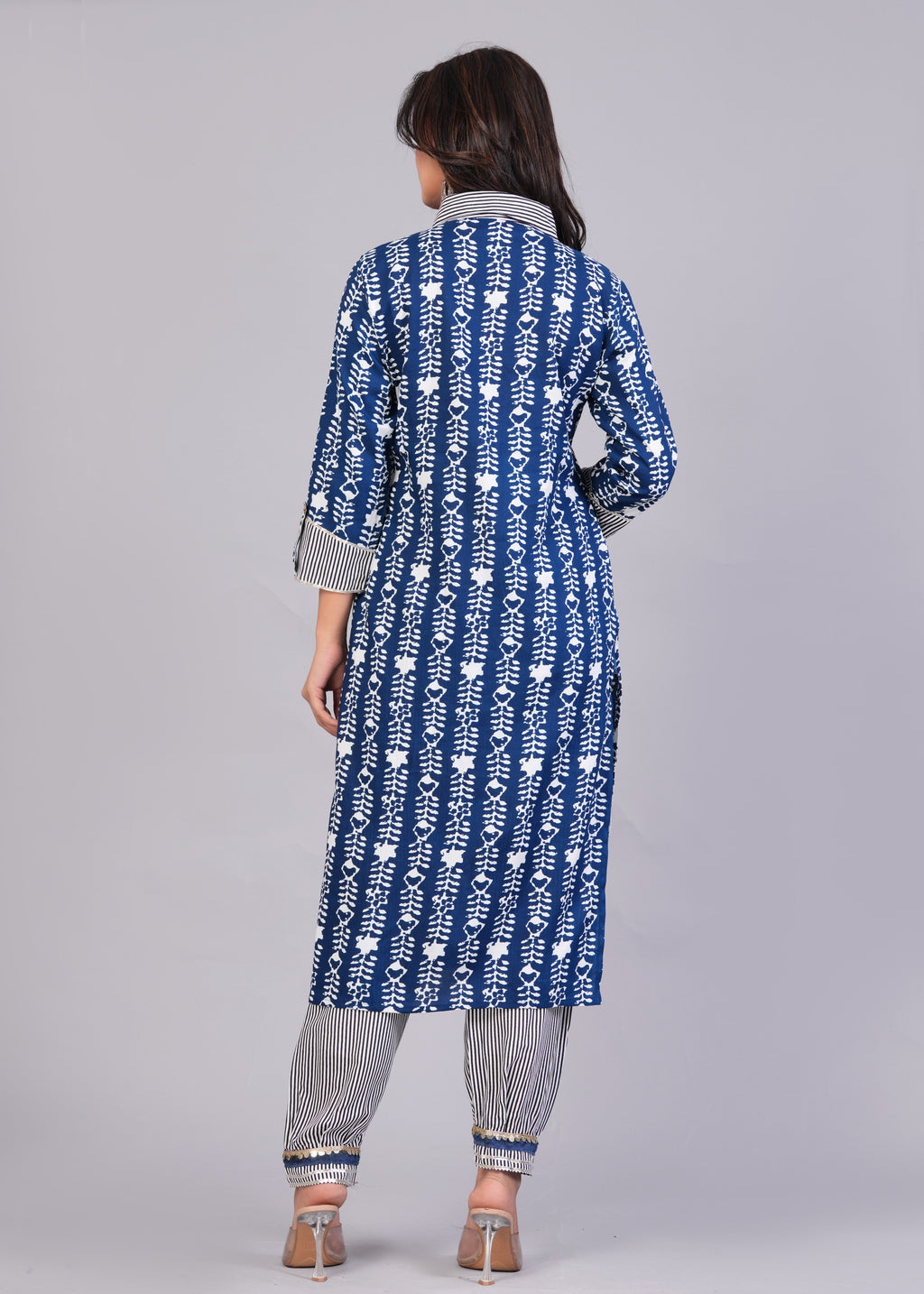 Indigo Blue Printed Rayon Pathani Suit Set