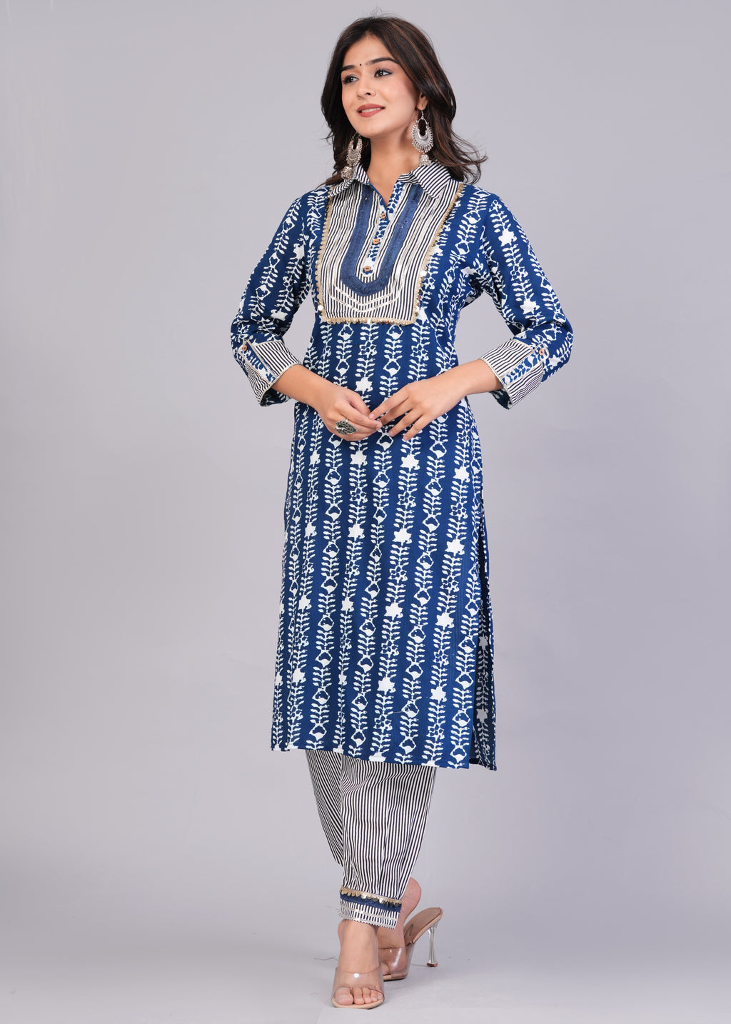 Indigo Blue Printed Rayon Pathani Suit Set