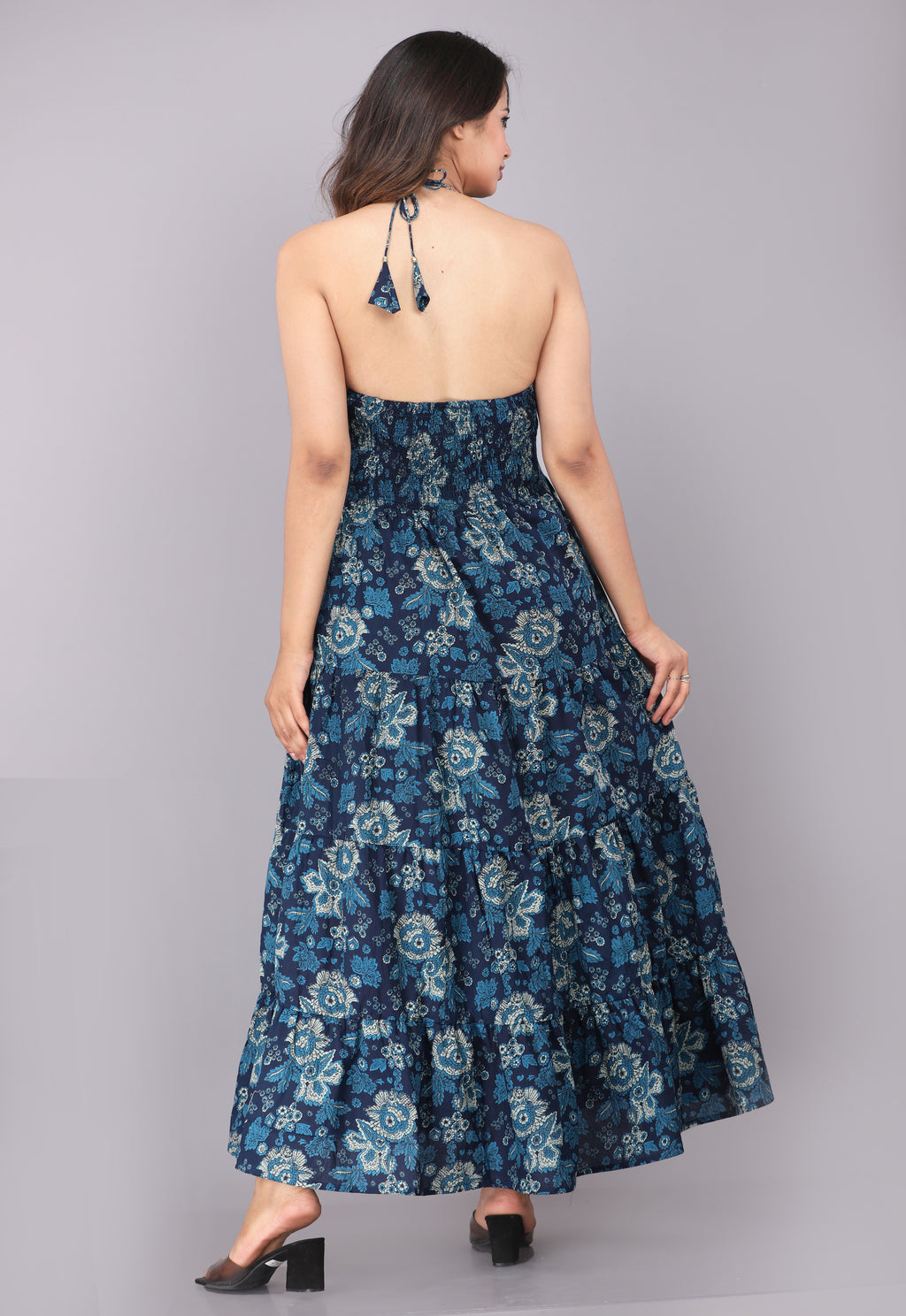 Navy Blue Halter Neck Printed Fit & Flare Dress