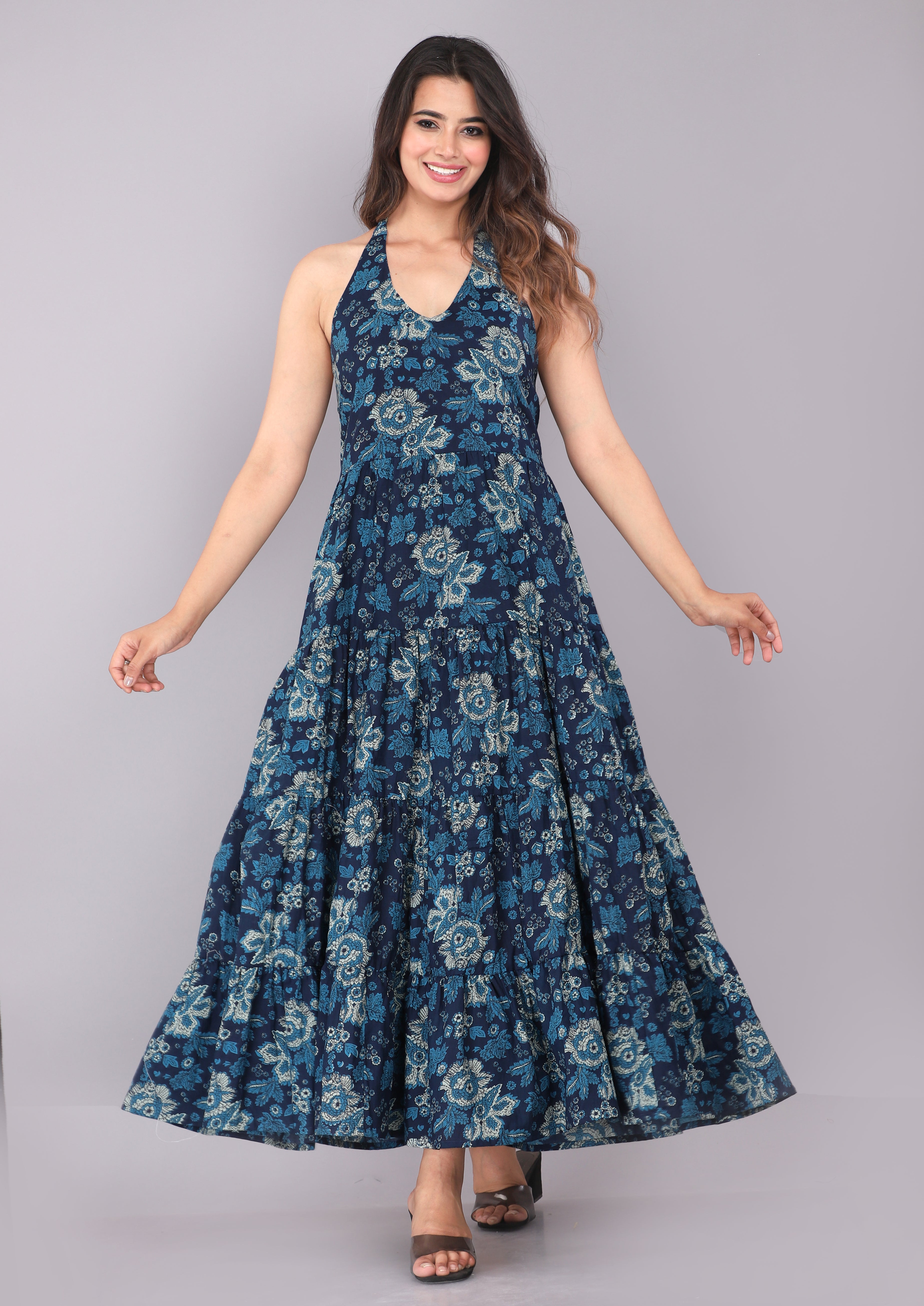 Navy Blue Halter Neck Printed Fit & Flare Dress