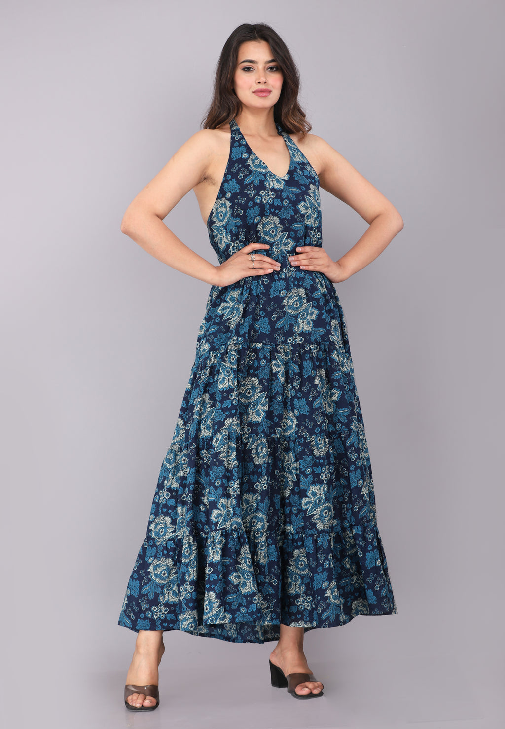 Navy Blue Halter Neck Printed Fit & Flare Dress