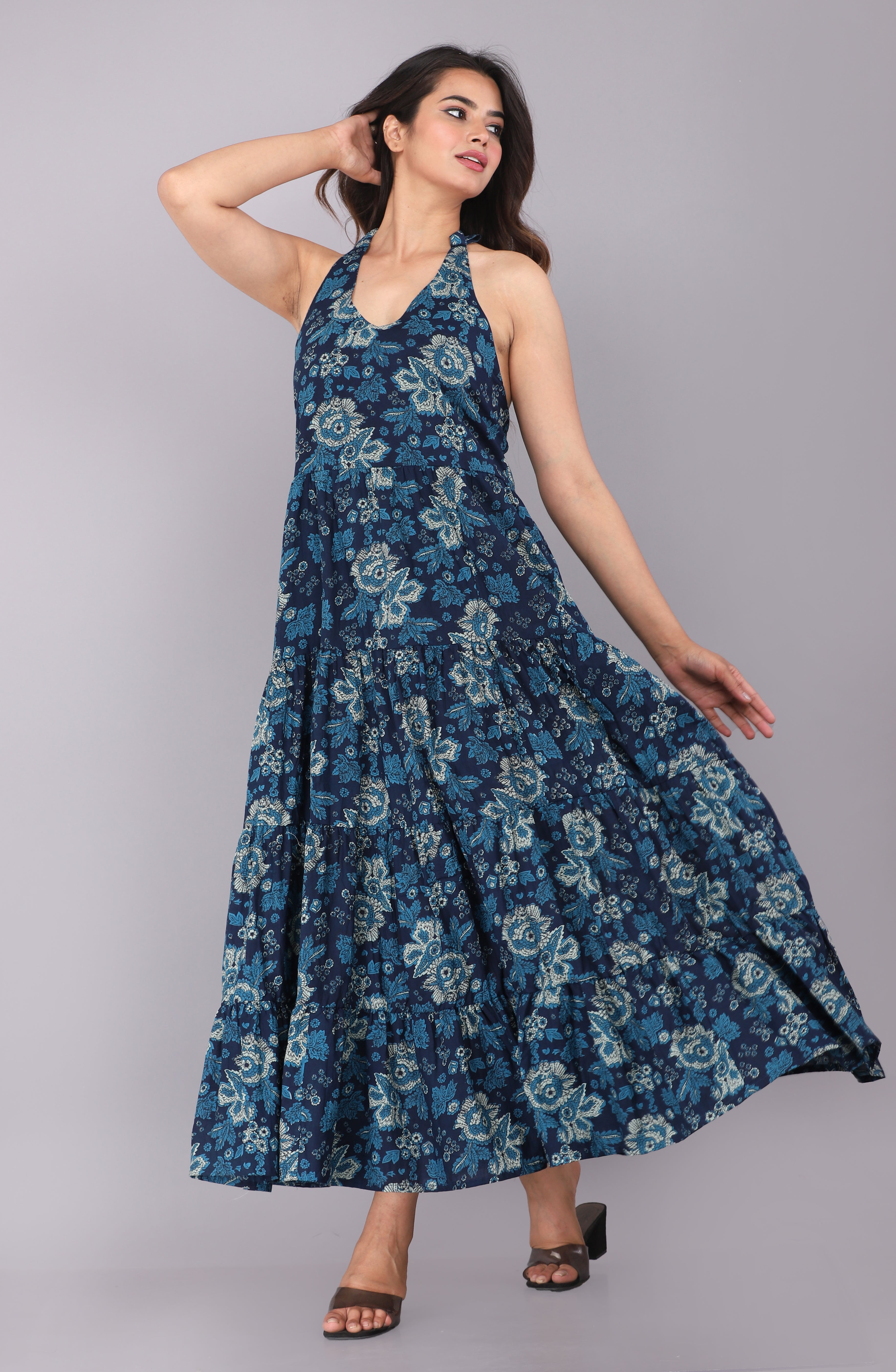 Navy Blue Halter Neck Printed Fit & Flare Dress