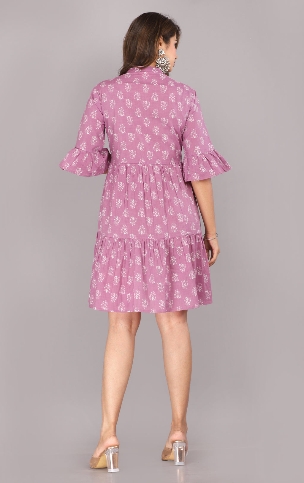 Lavender Handblock Printed Tiered Cotton Short Dress