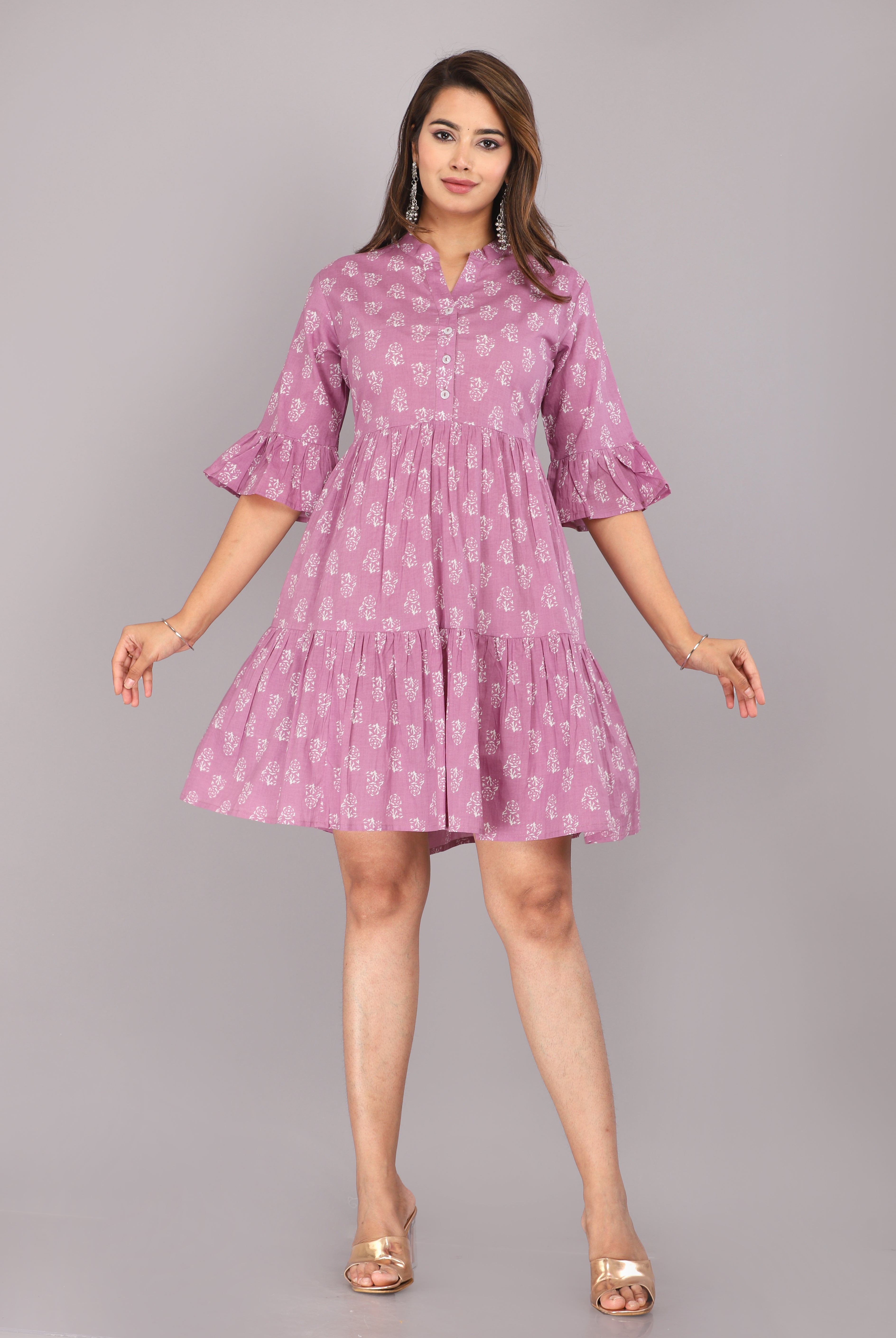 Lavender Handblock Printed Tiered Cotton Short Dress