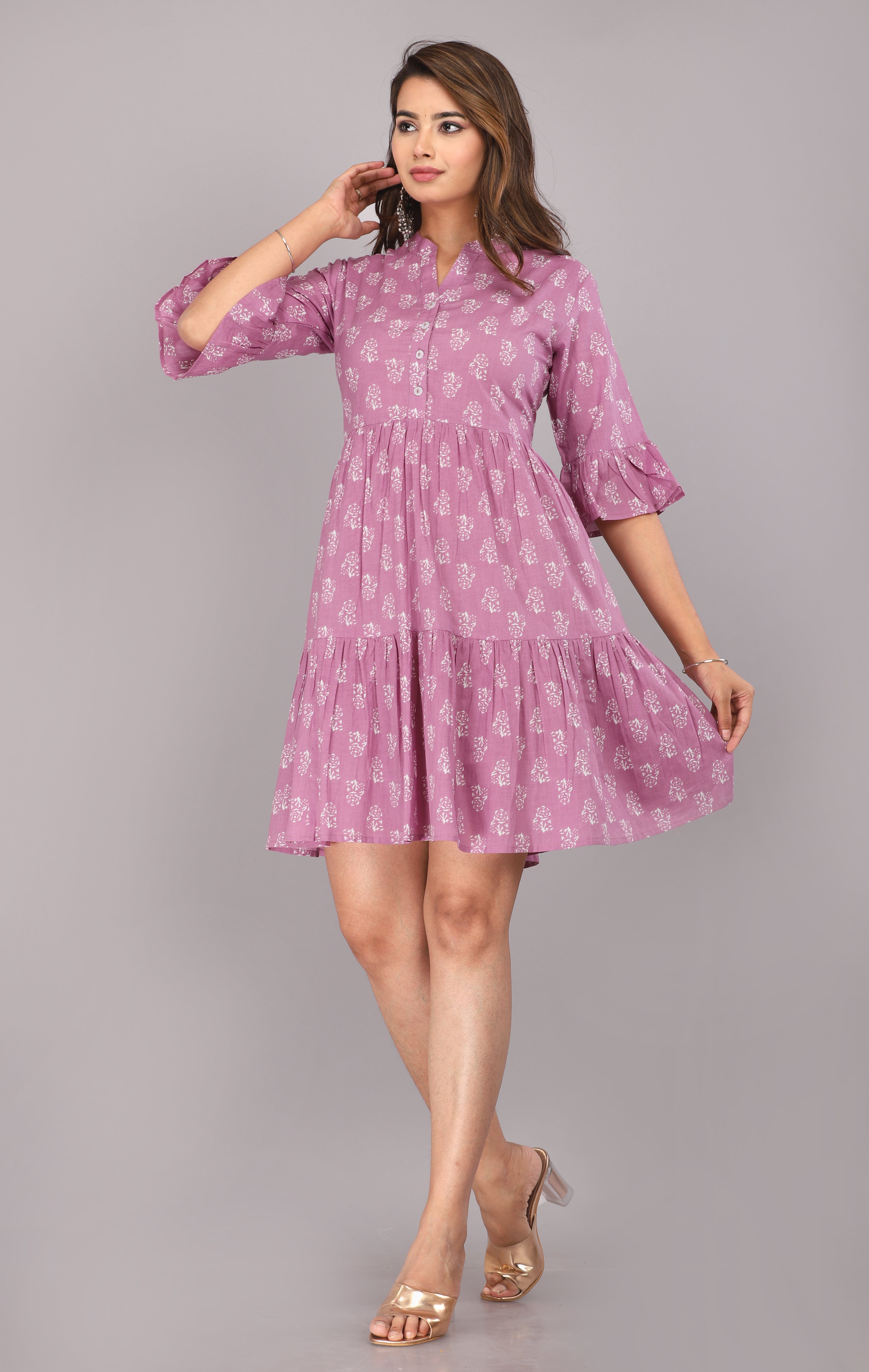 Lavender Handblock Printed Tiered Cotton Short Dress