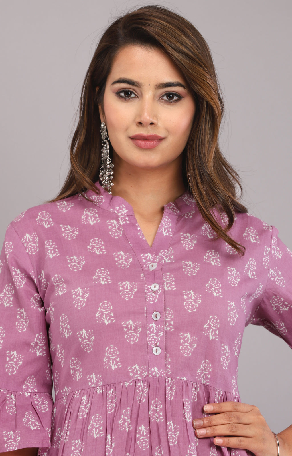 Lavender Handblock Printed Tiered Cotton Short Dress