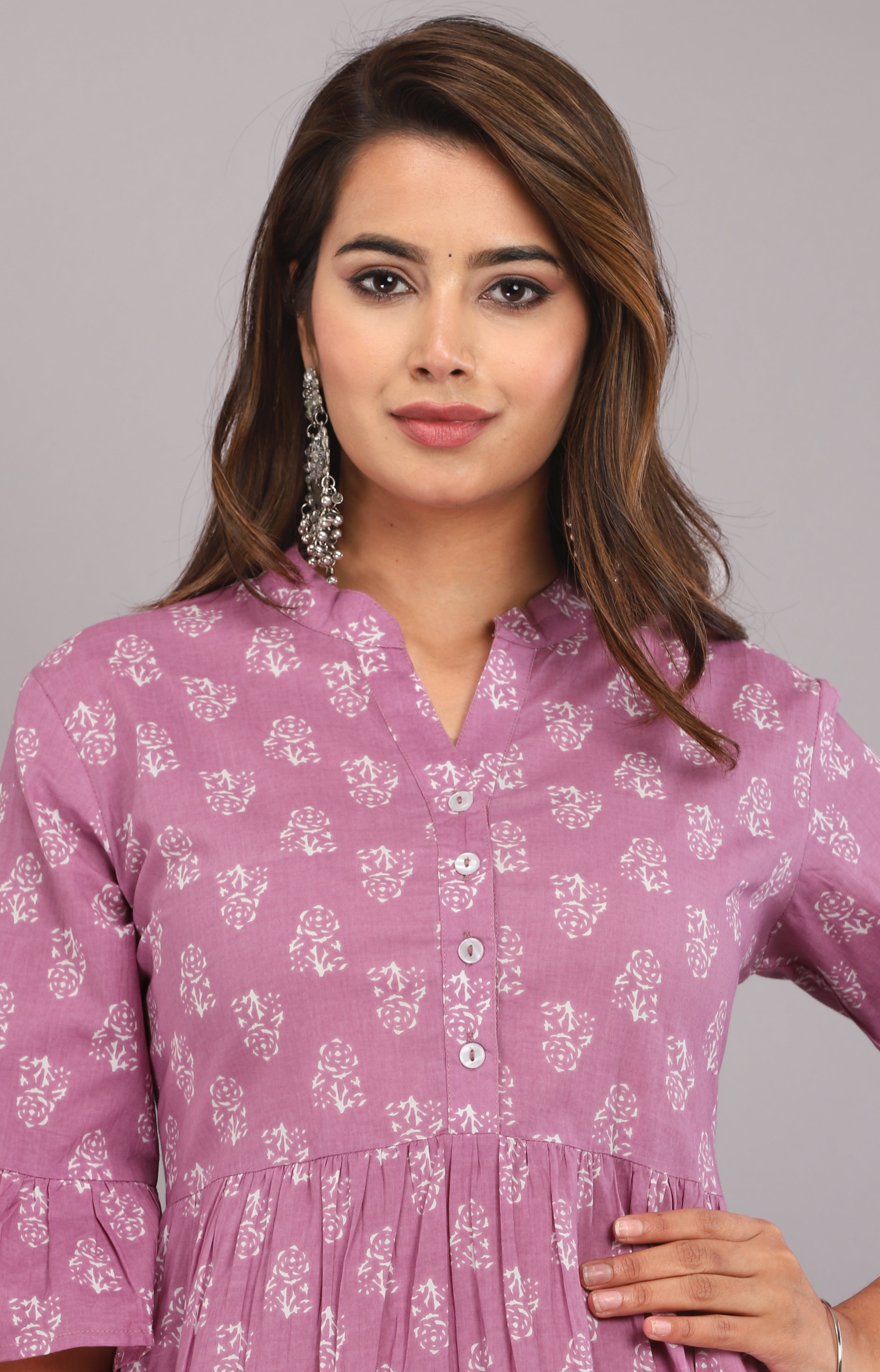 Lavender Handblock Printed Tiered Cotton Short Dress