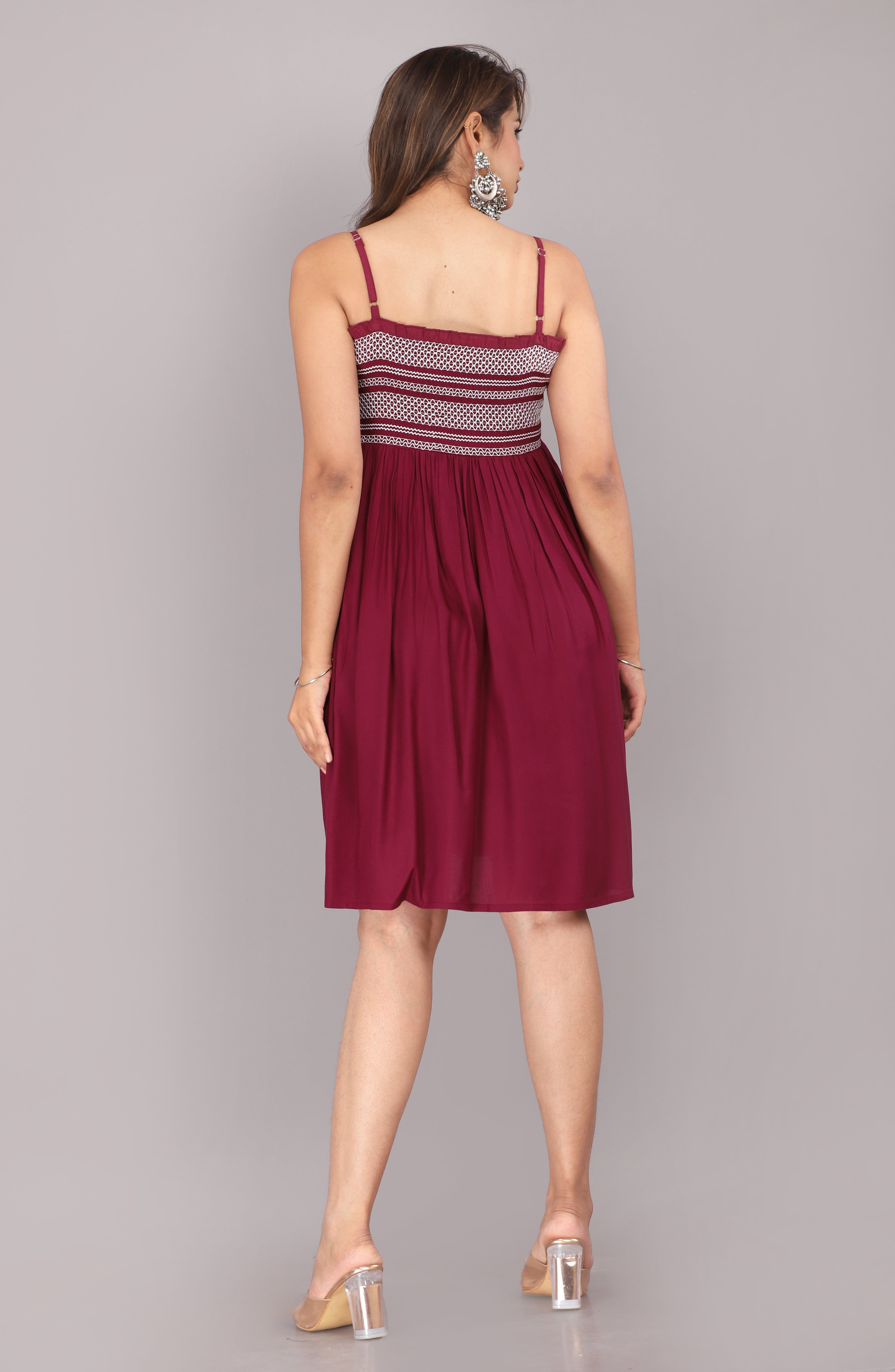 Wine Smocked Rayon Fit & Flare Western Dress