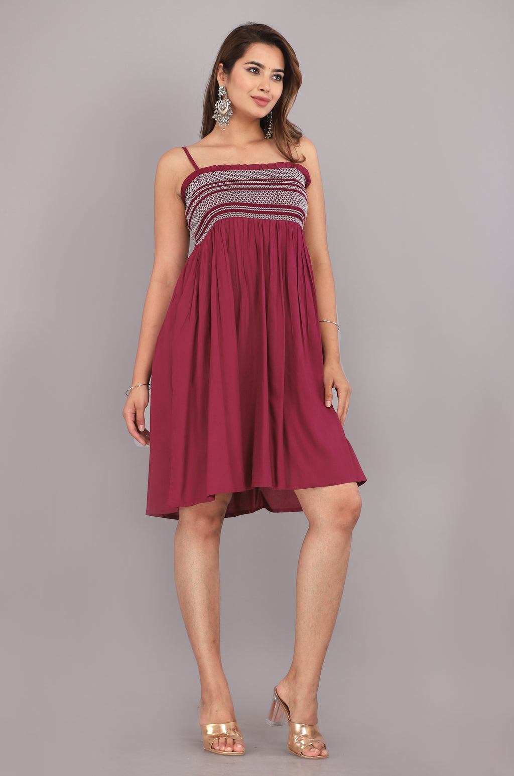 Wine Smocked Rayon Fit & Flare Western Dress