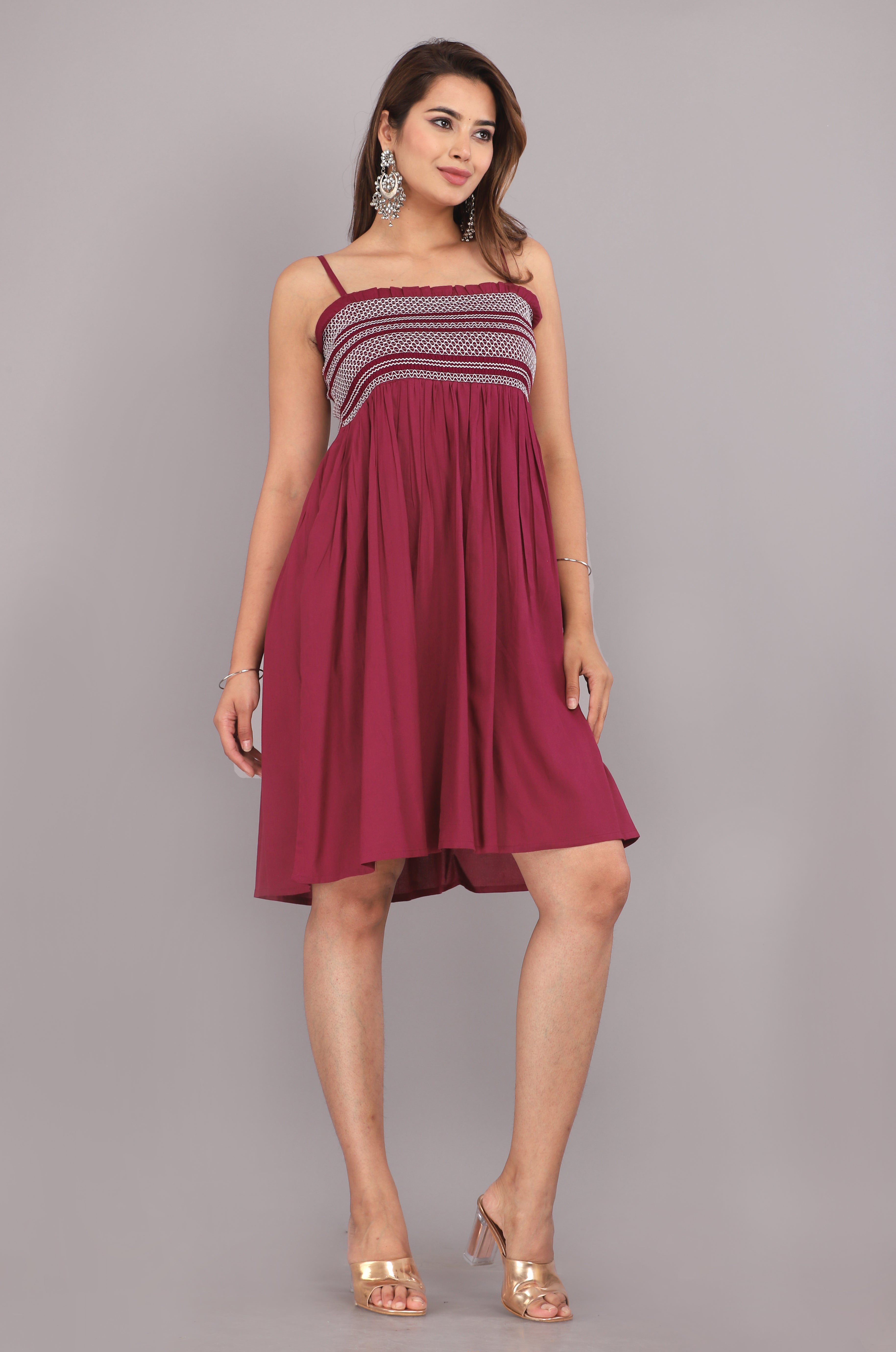 Wine Smocked Rayon Fit & Flare Western Dress