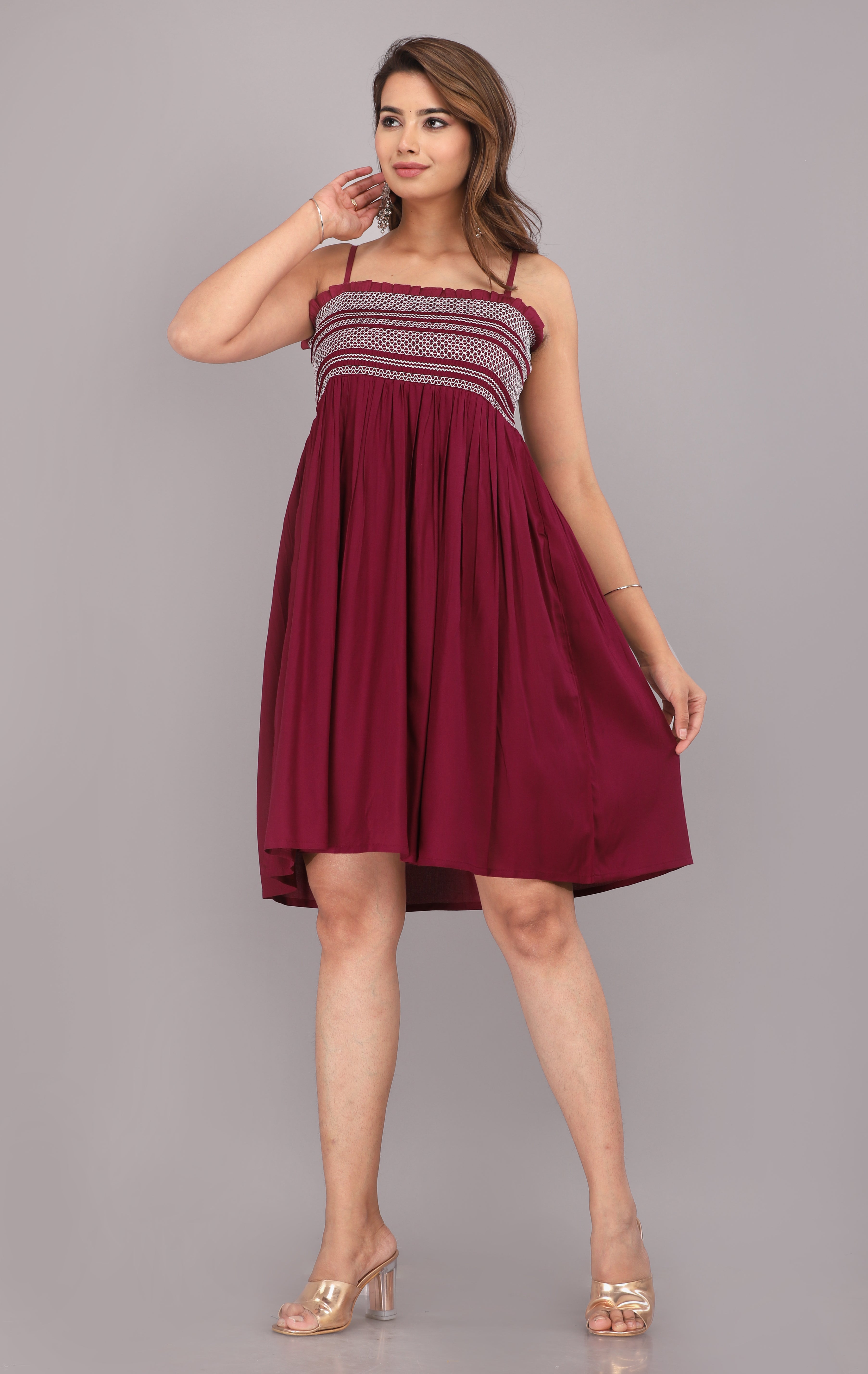 Wine Smocked Rayon Fit & Flare Western Dress