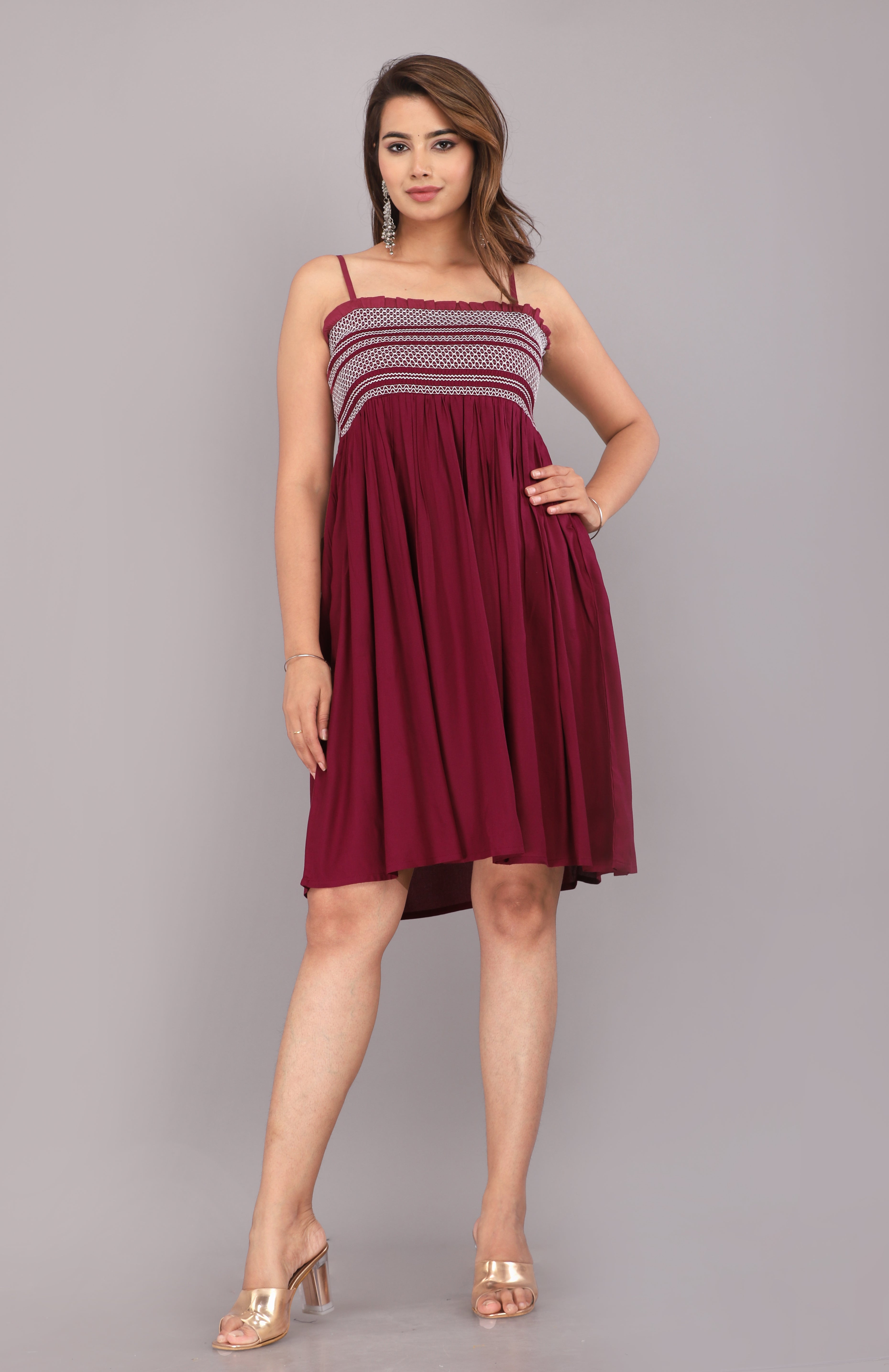 Wine Smocked Rayon Fit & Flare Western Dress