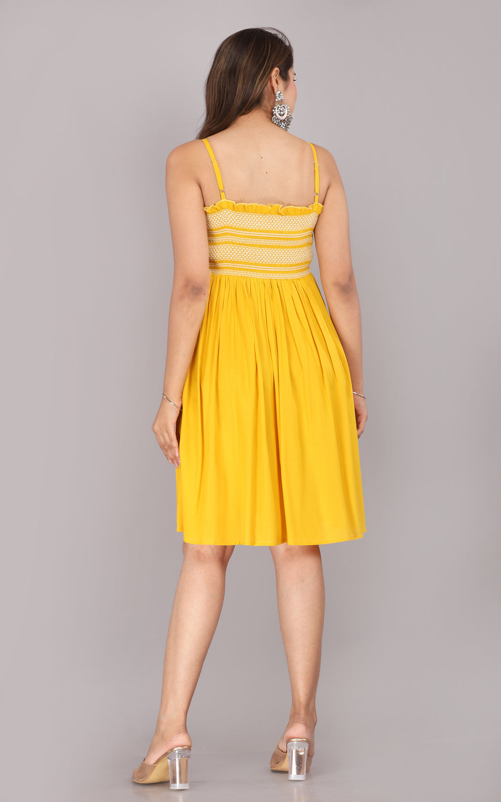 Yellow Smocked Rayon Fit & Flare Western Dress