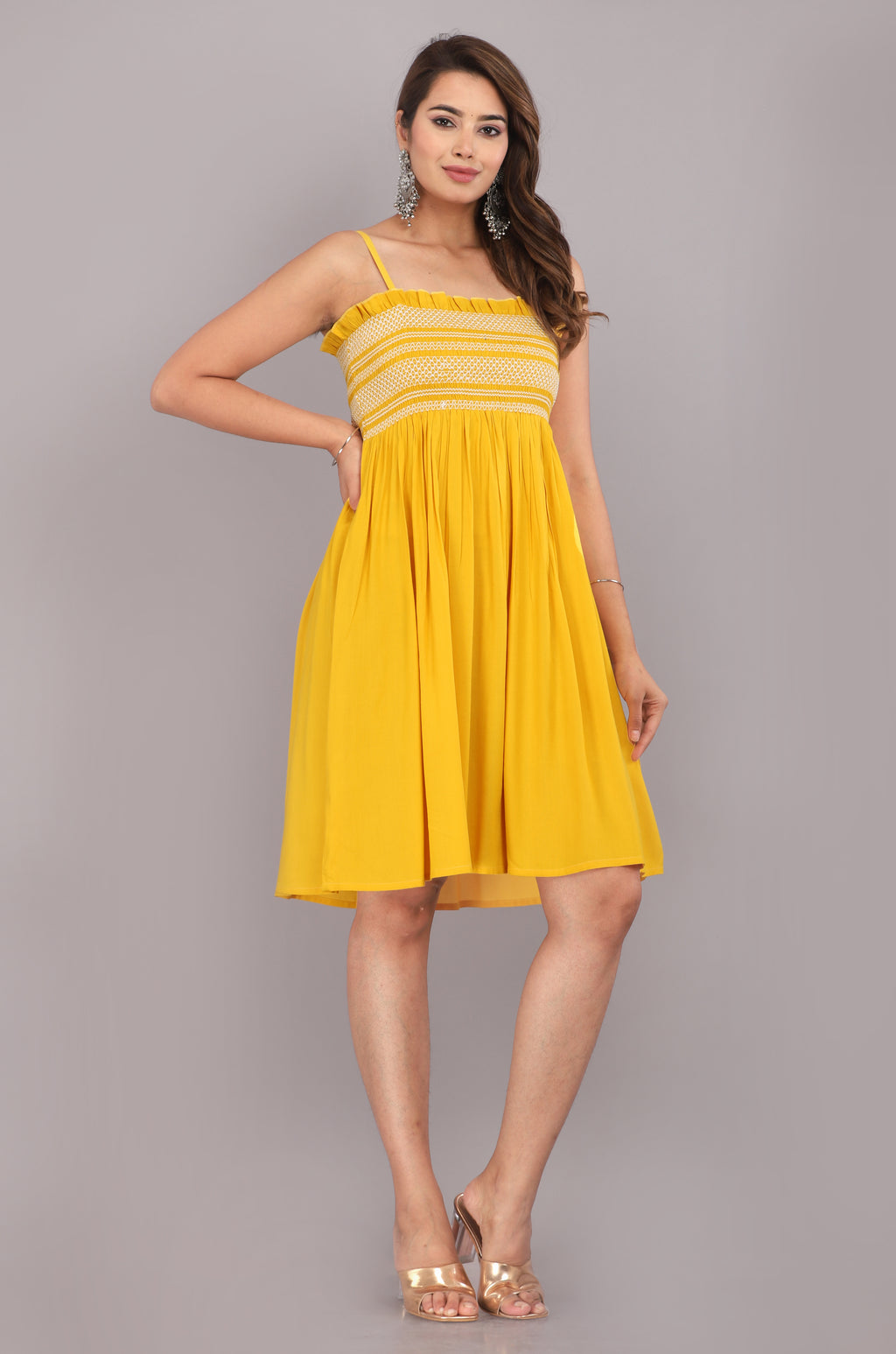 Yellow Smocked Rayon Fit & Flare Western Dress