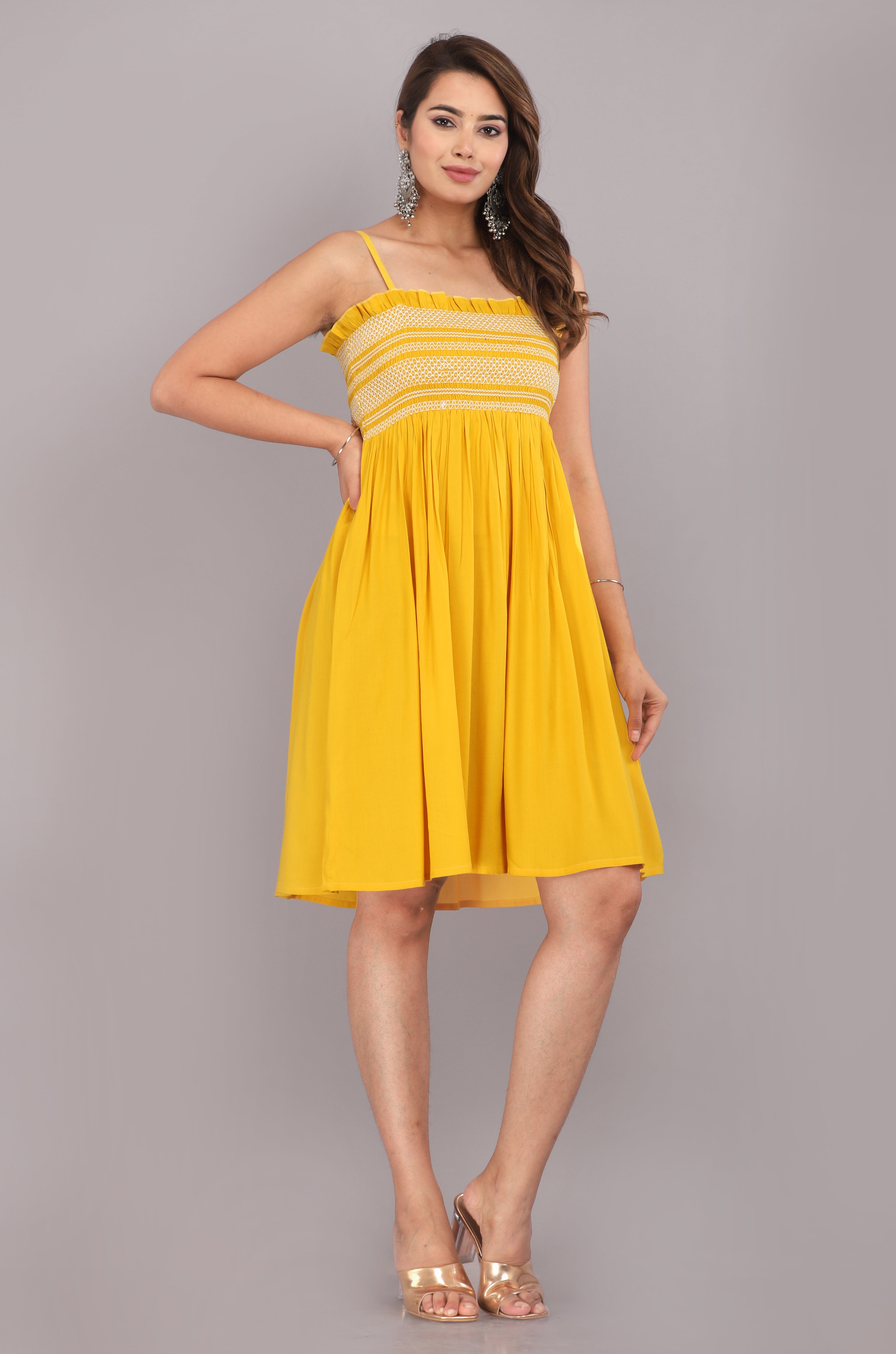 Yellow Smocked Rayon Fit & Flare Western Dress