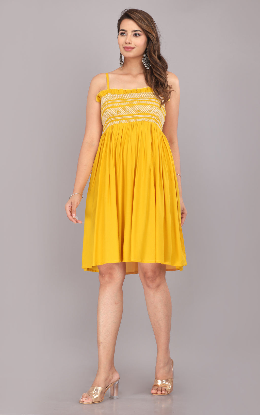 Yellow Smocked Rayon Fit & Flare Western Dress