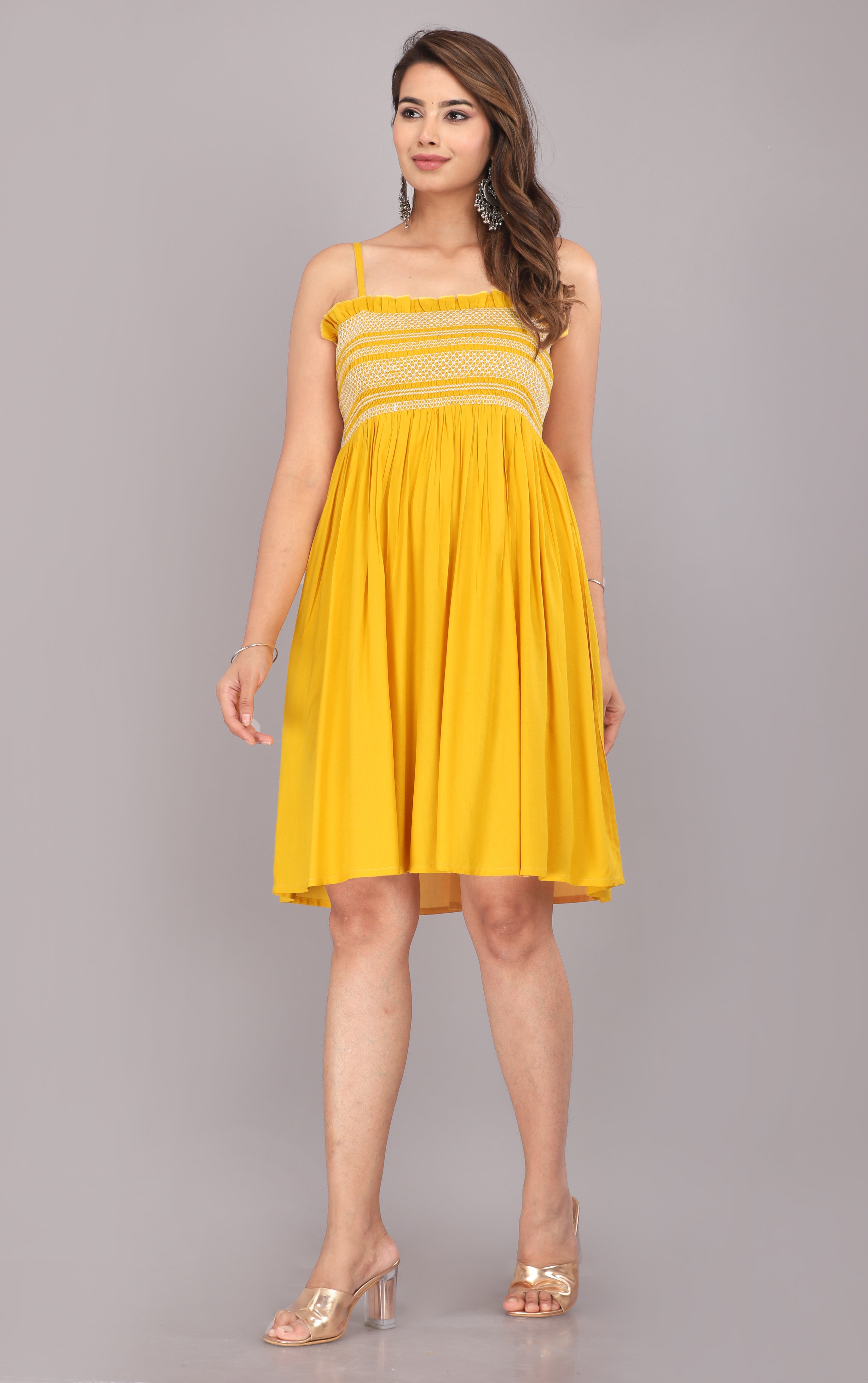 Yellow Smocked Rayon Fit & Flare Western Dress