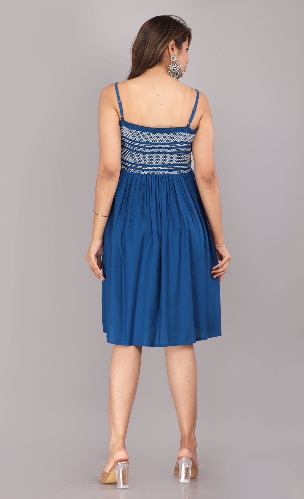 Blue Smocked Rayon Fit & Flare Western Dress