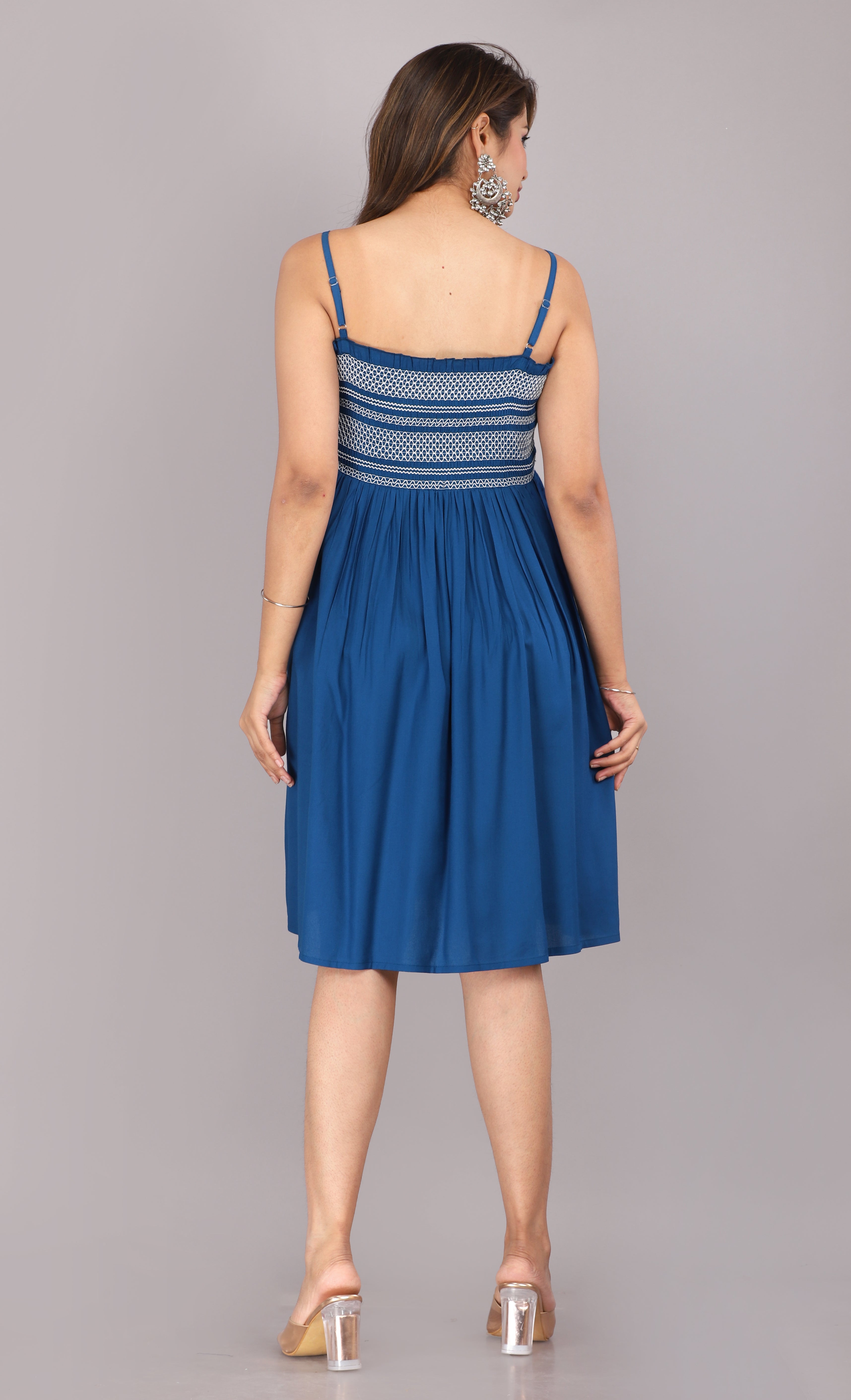 Blue Smocked Rayon Fit & Flare Western Dress