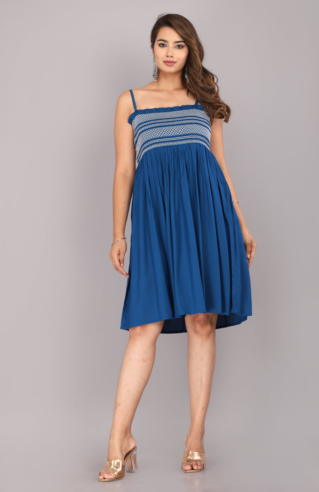 Blue Smocked Rayon Fit & Flare Western Dress