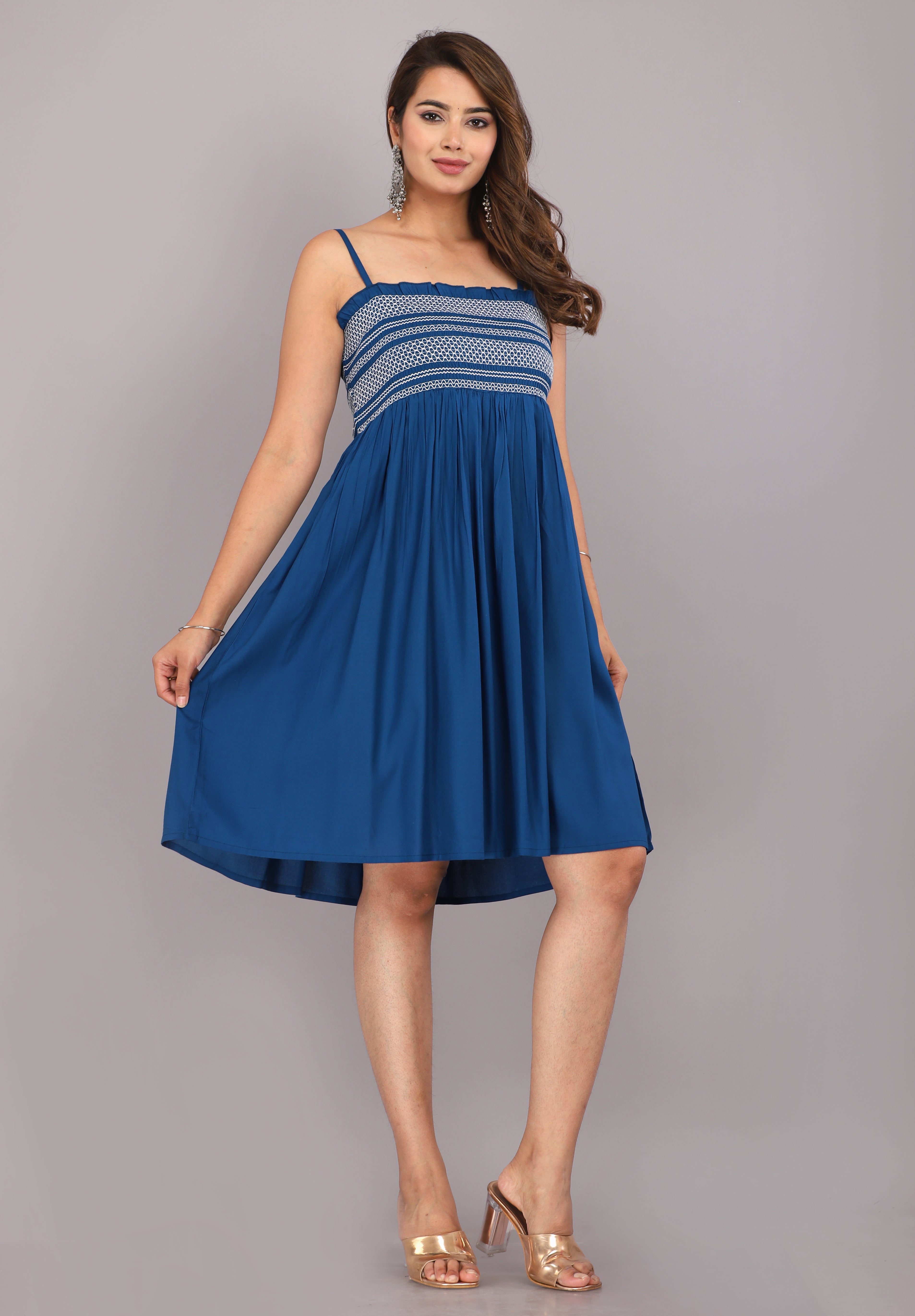 Blue Smocked Rayon Fit & Flare Western Dress