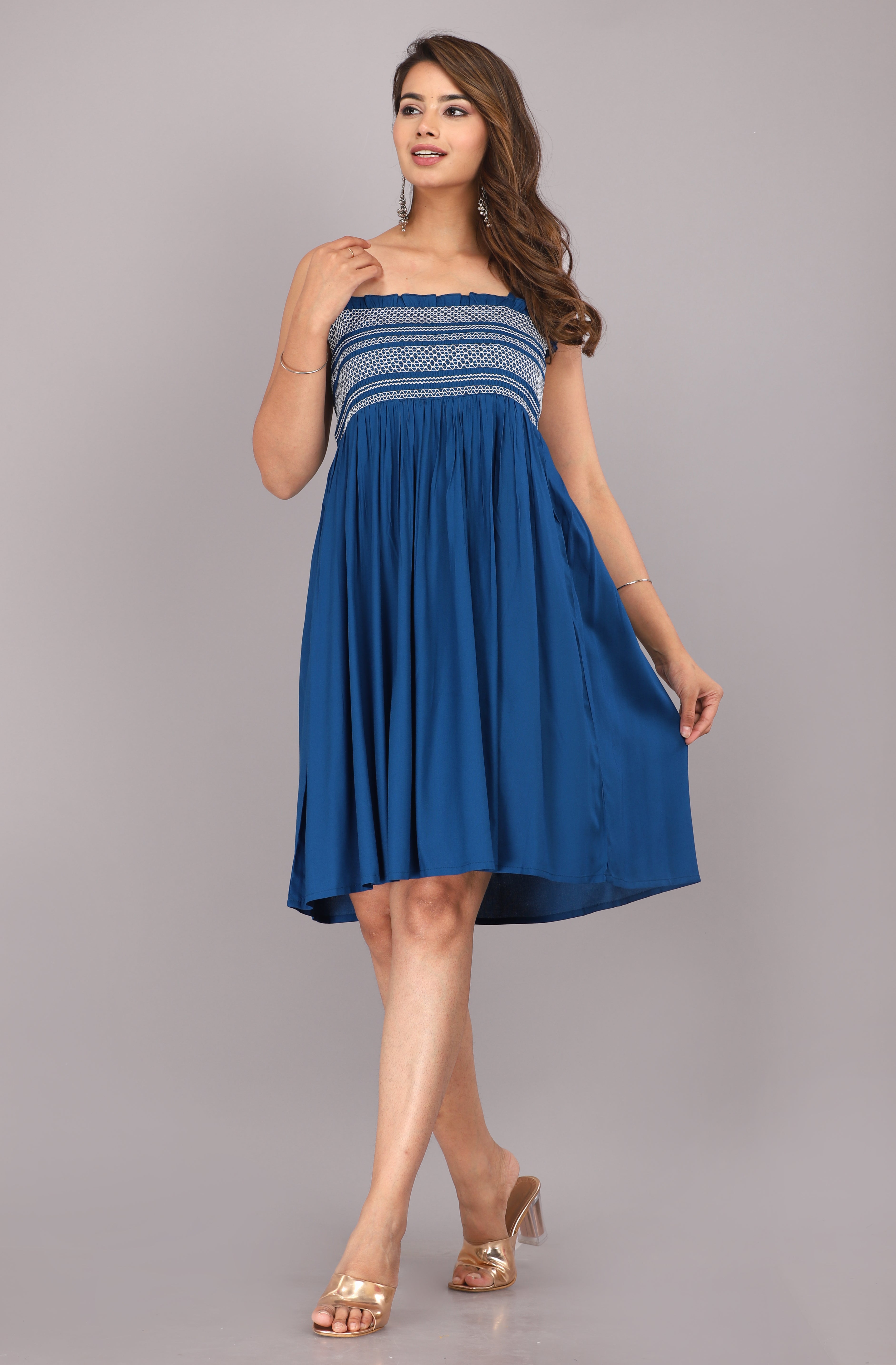 Blue Smocked Rayon Fit & Flare Western Dress