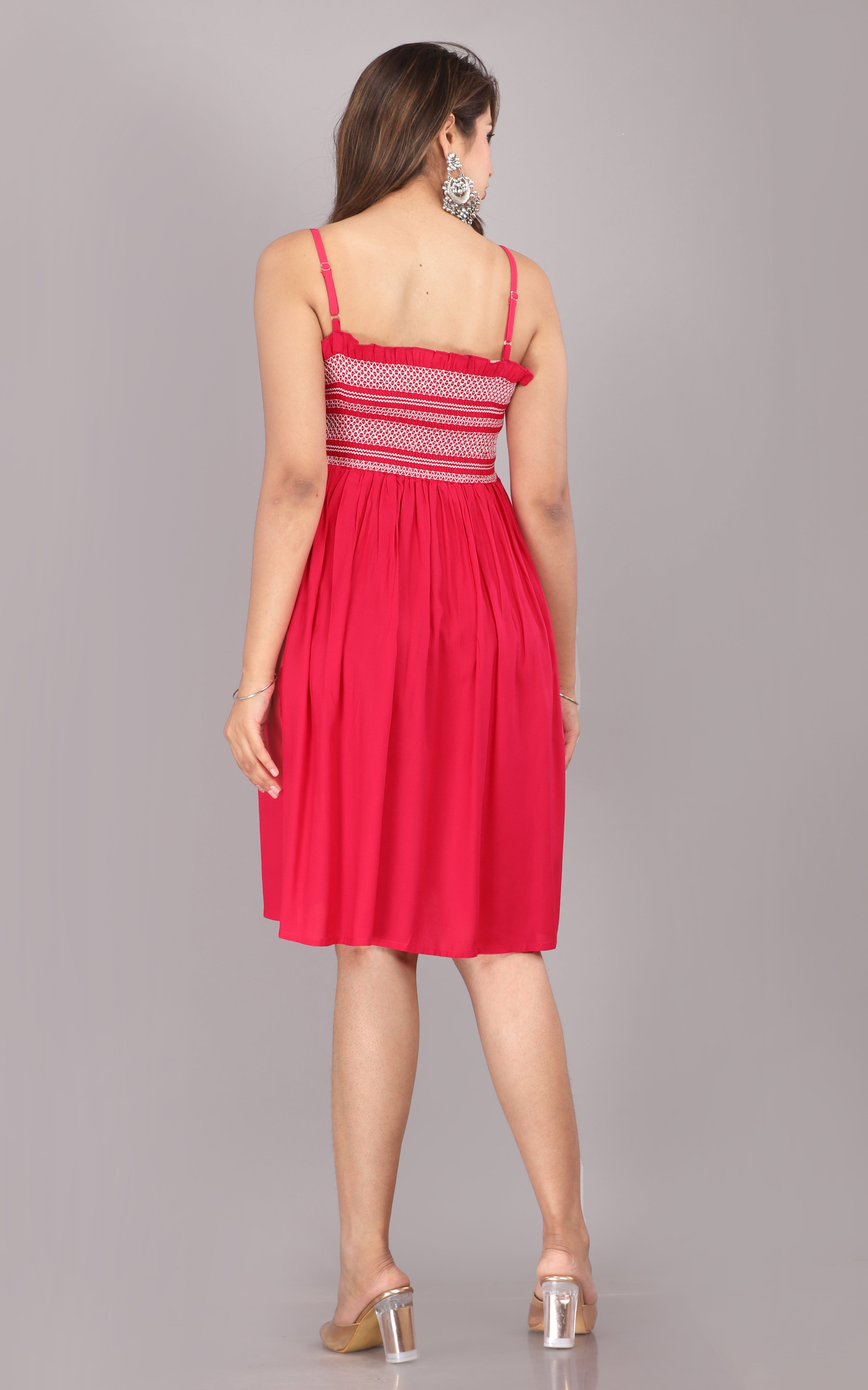 Red Smocked Rayon Fit & Flare Western Dress