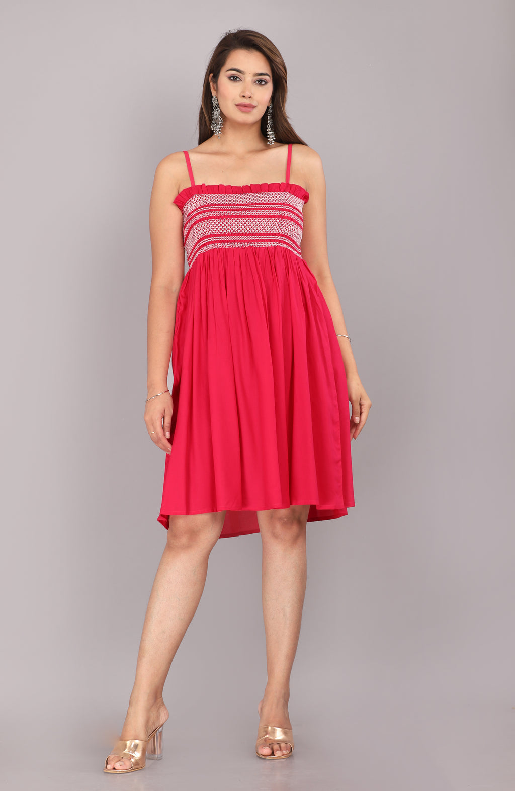 Red Smocked Rayon Fit & Flare Western Dress