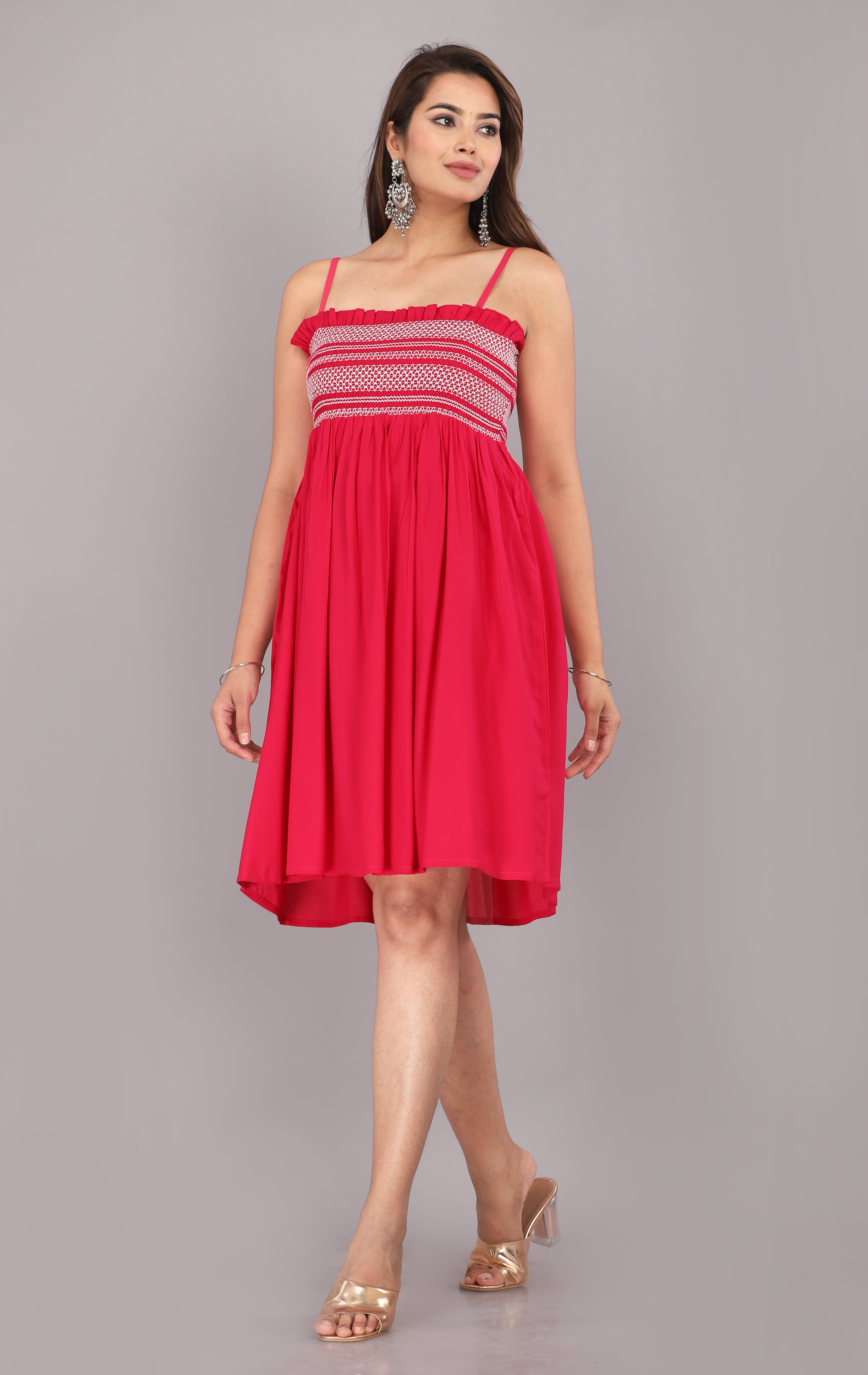 Red Smocked Rayon Fit & Flare Western Dress