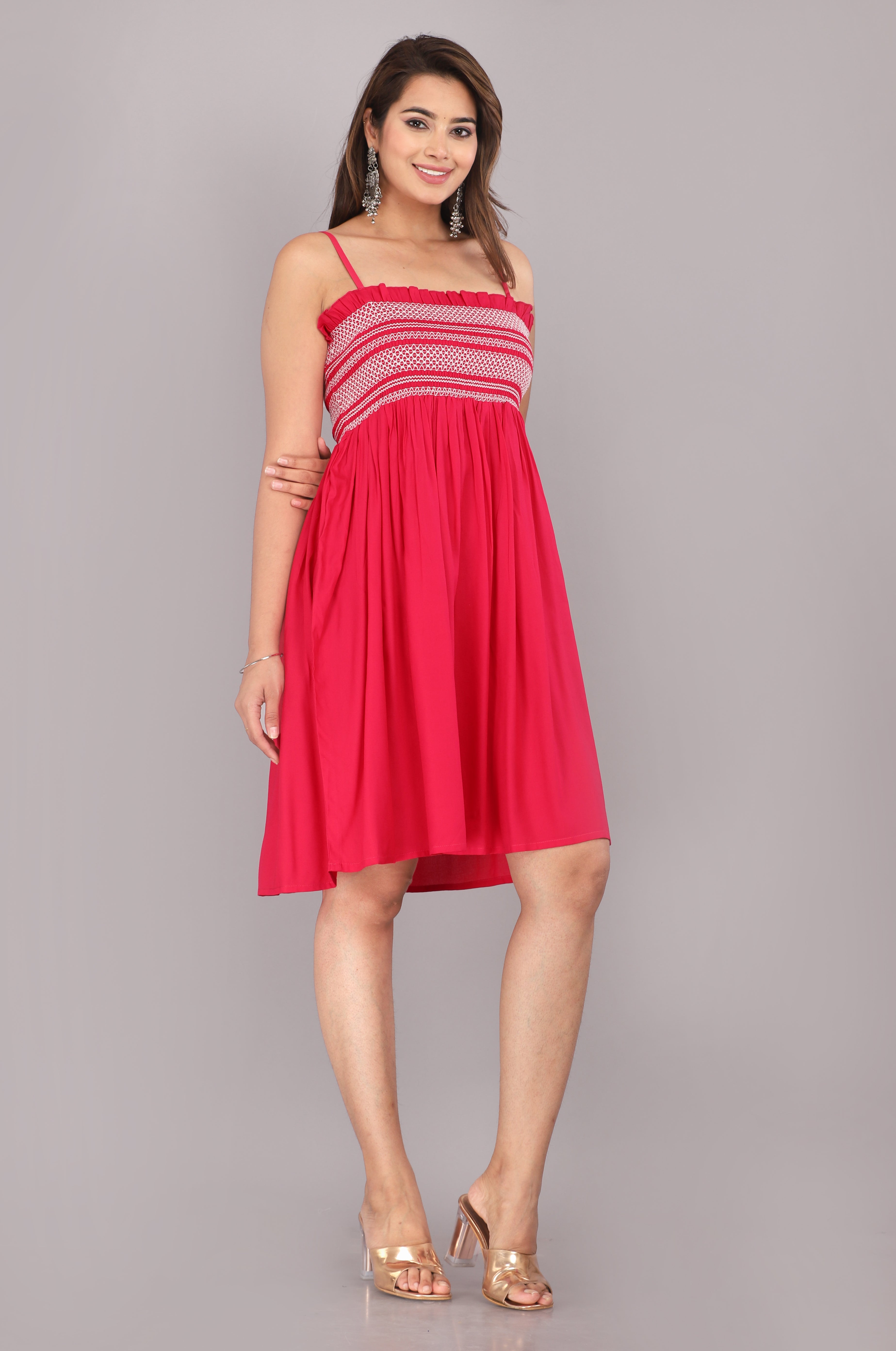 Red Smocked Rayon Fit & Flare Western Dress