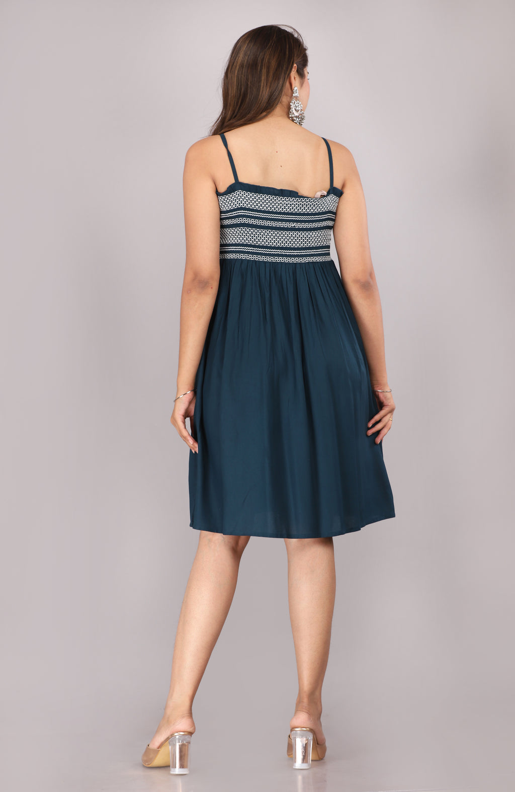 Navy Blue Smocked Rayon Fit &amp; Flare Western Dress