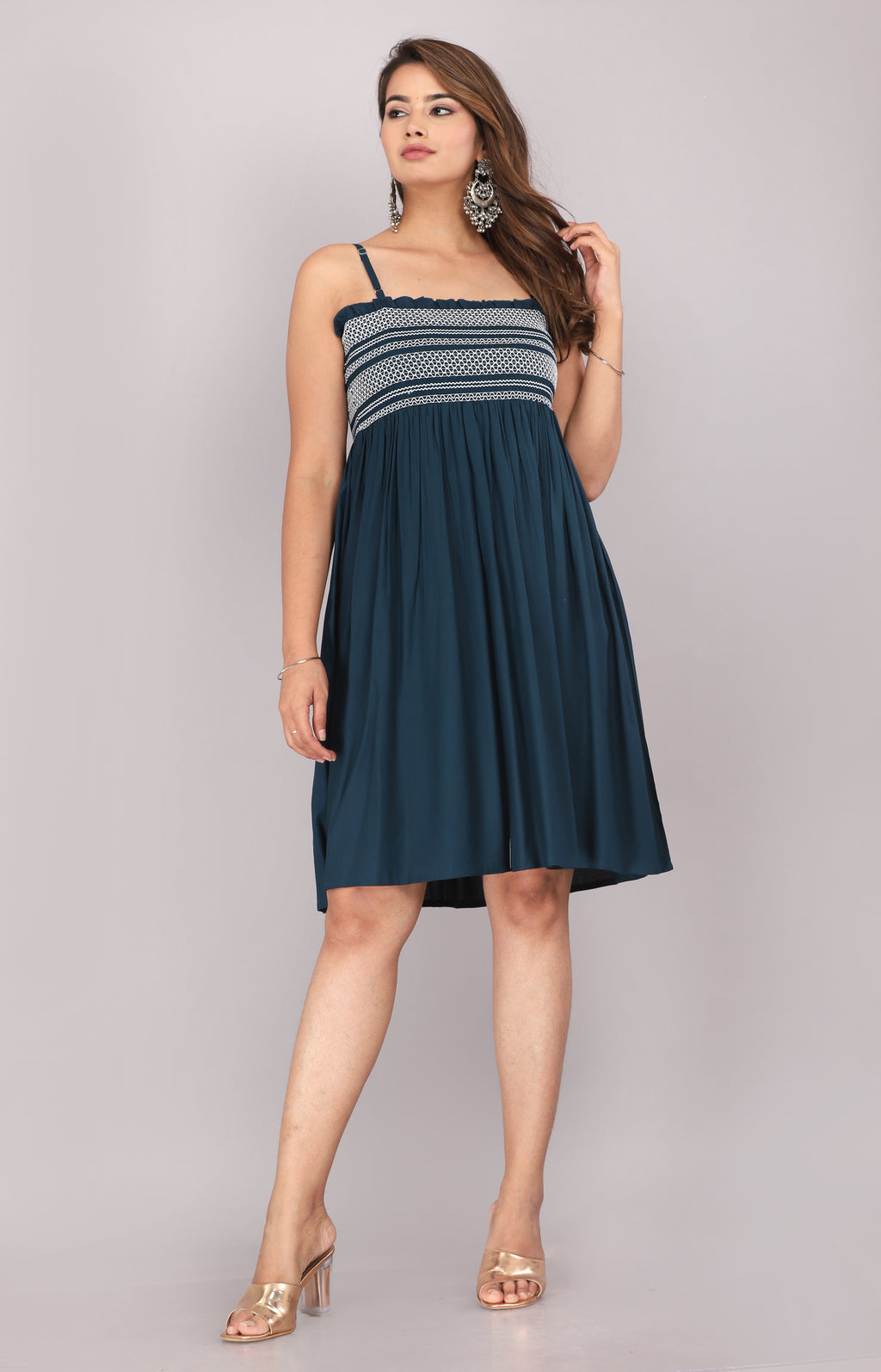 Navy Blue Smocked Rayon Fit &amp; Flare Western Dress