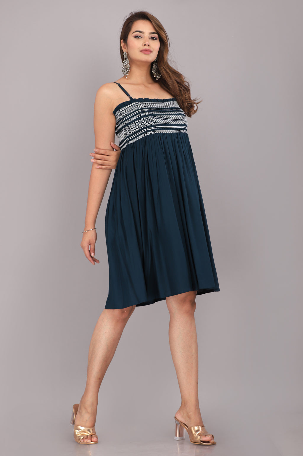 Navy Blue Smocked Rayon Fit &amp; Flare Western Dress